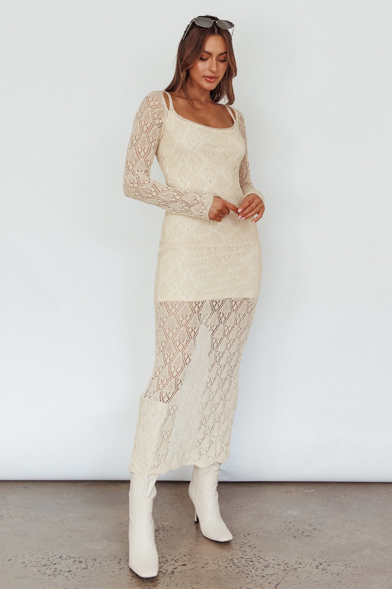 Happy Place Long Sleeve Crochet Midi Dress Beige - Image 5