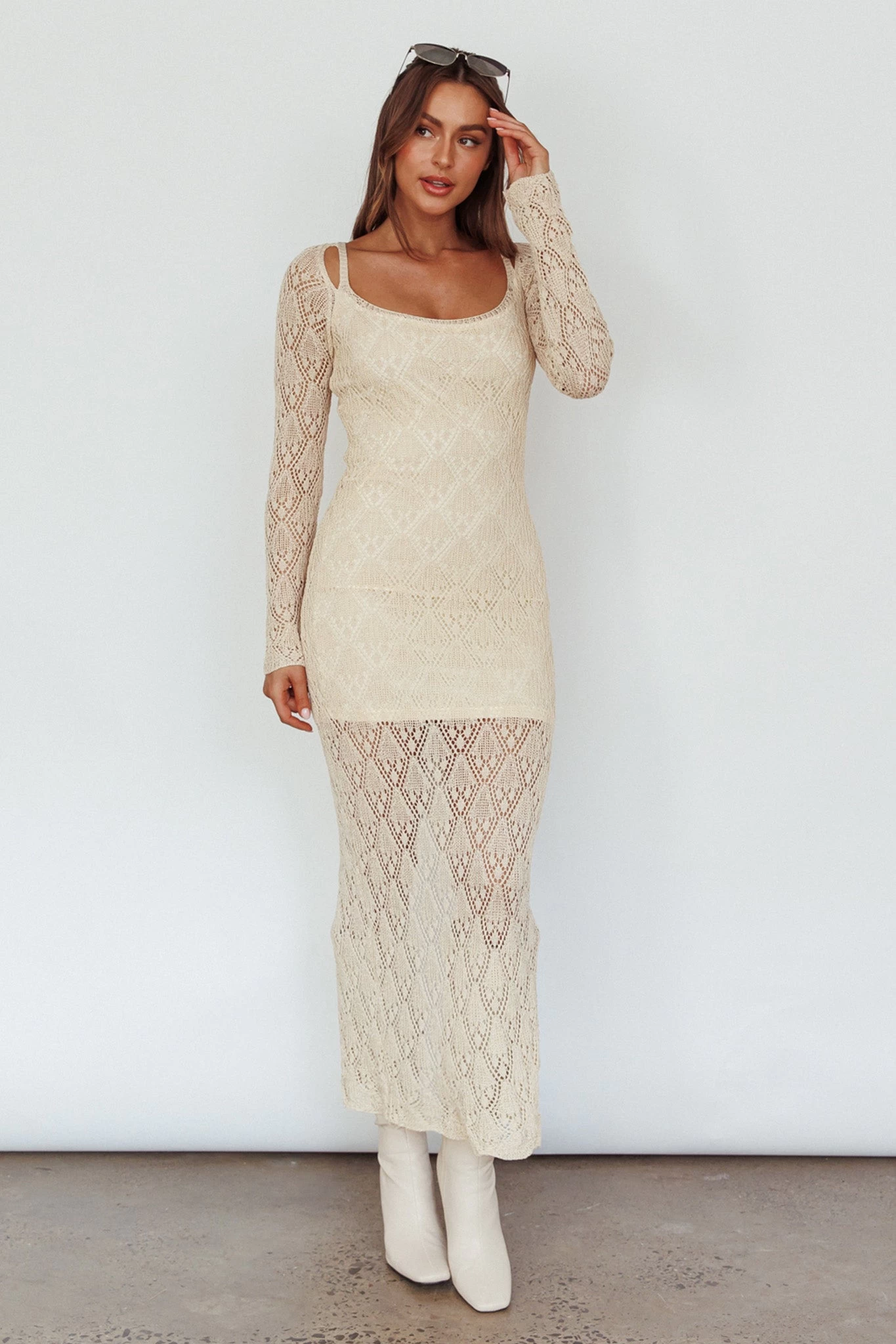 Happy Place Long Sleeve Crochet Midi Dress Beige - Image 6