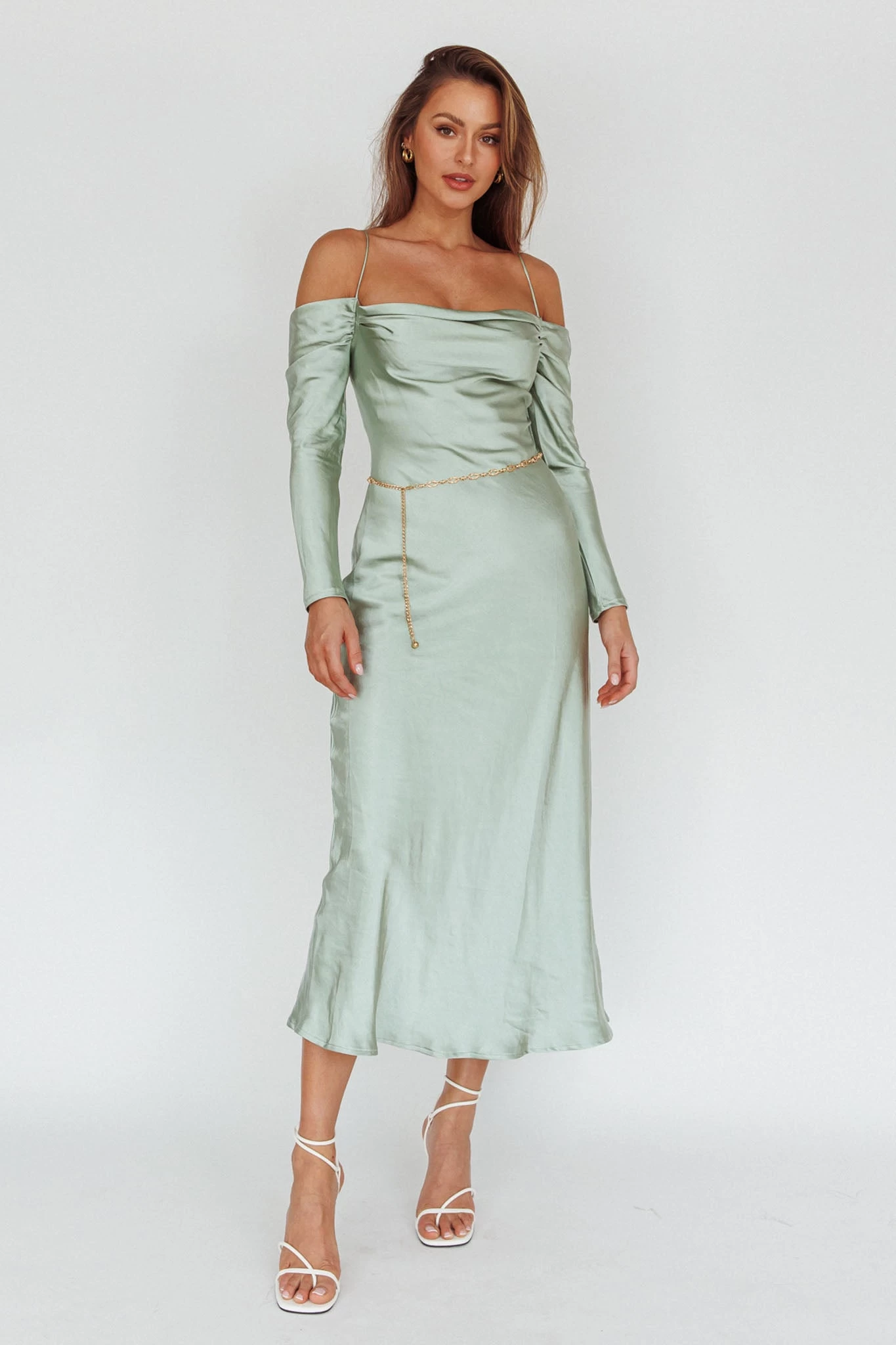 Ellory Long Sleeve Off-Shoulder Dress Sage - Image 3
