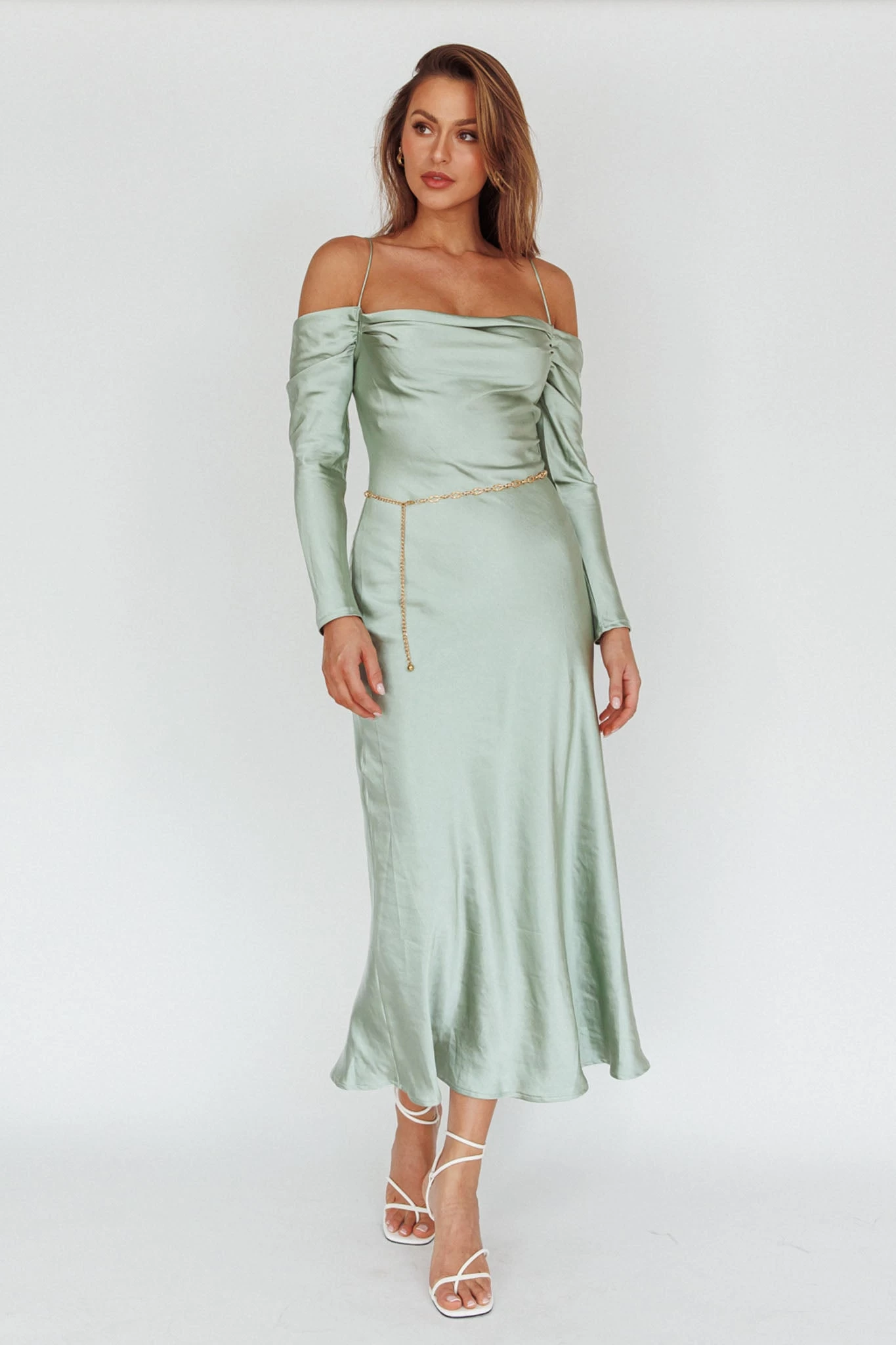 Ellory Long Sleeve Off-Shoulder Dress Sage - Image 5