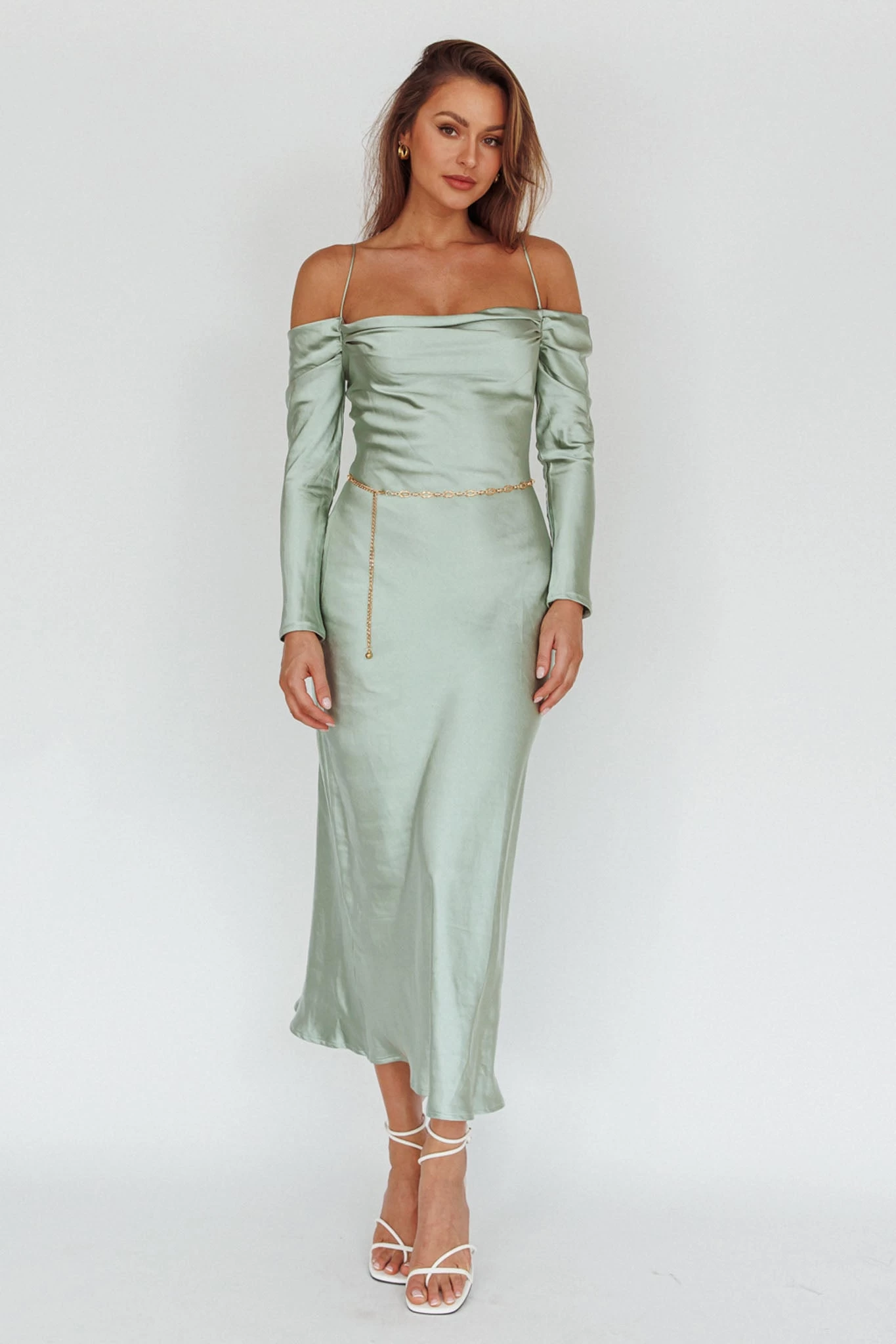 Ellory Long Sleeve Off-Shoulder Dress Sage - Image 7
