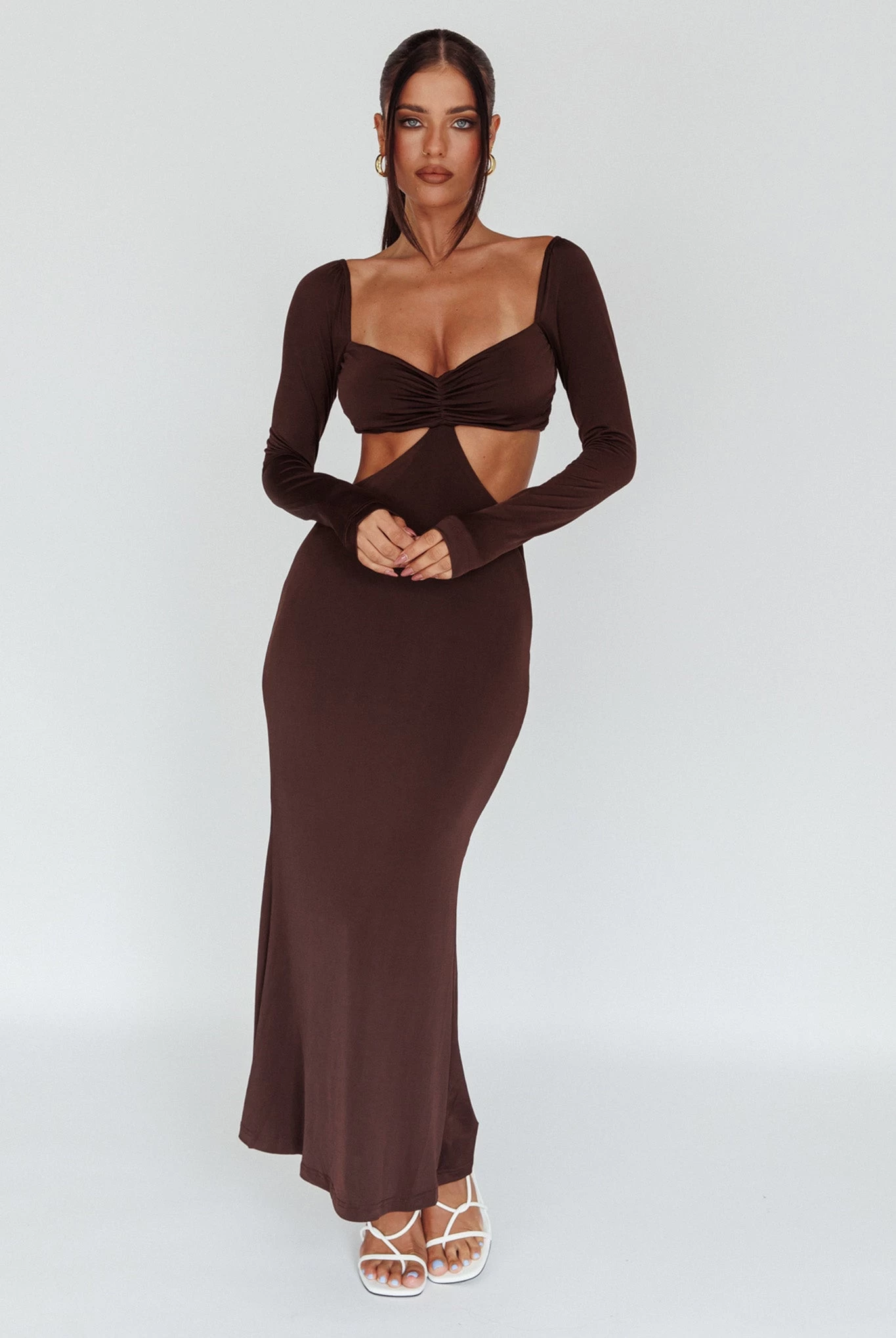 Vienna Long Sleeve Cut-Out Waist Maxi Dress Chocolate - Image 3