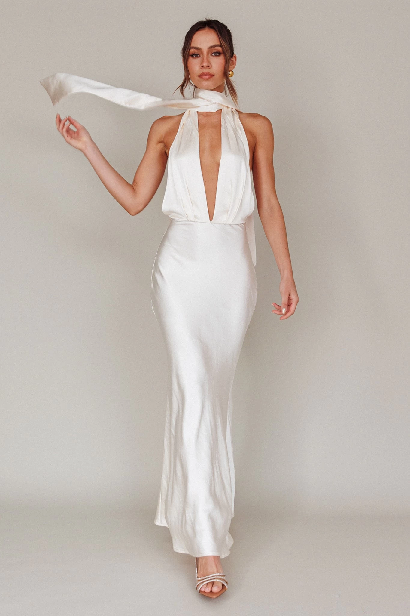 Italia Azure Halterneck Maxi Dress Oyster