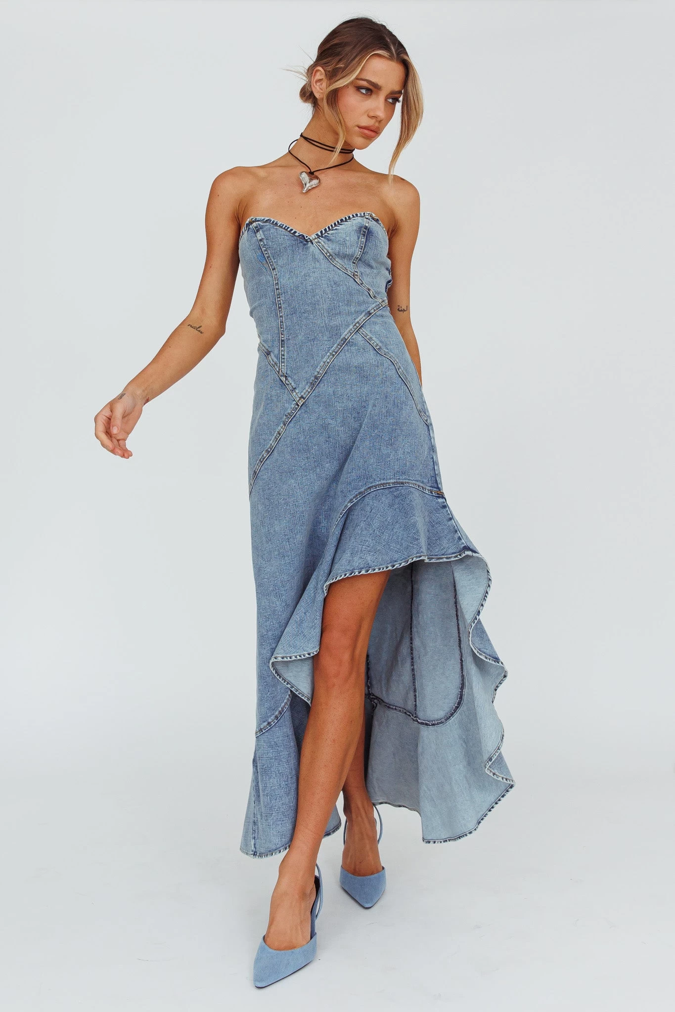 Moon Sweetheart Neckline Ruffle Midi Dress Denim - Image 3