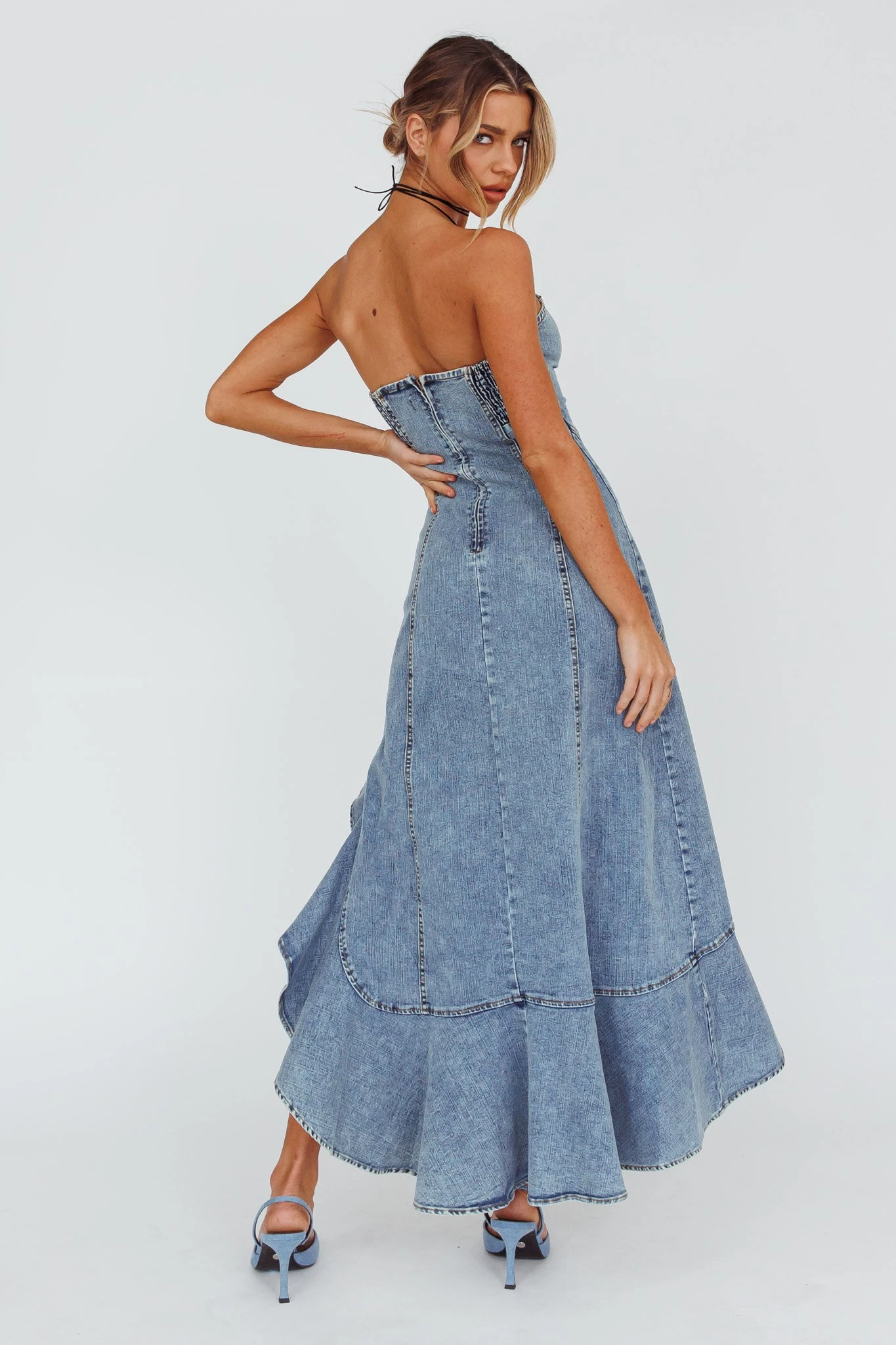 Moon Sweetheart Neckline Ruffle Midi Dress Denim - Image 2