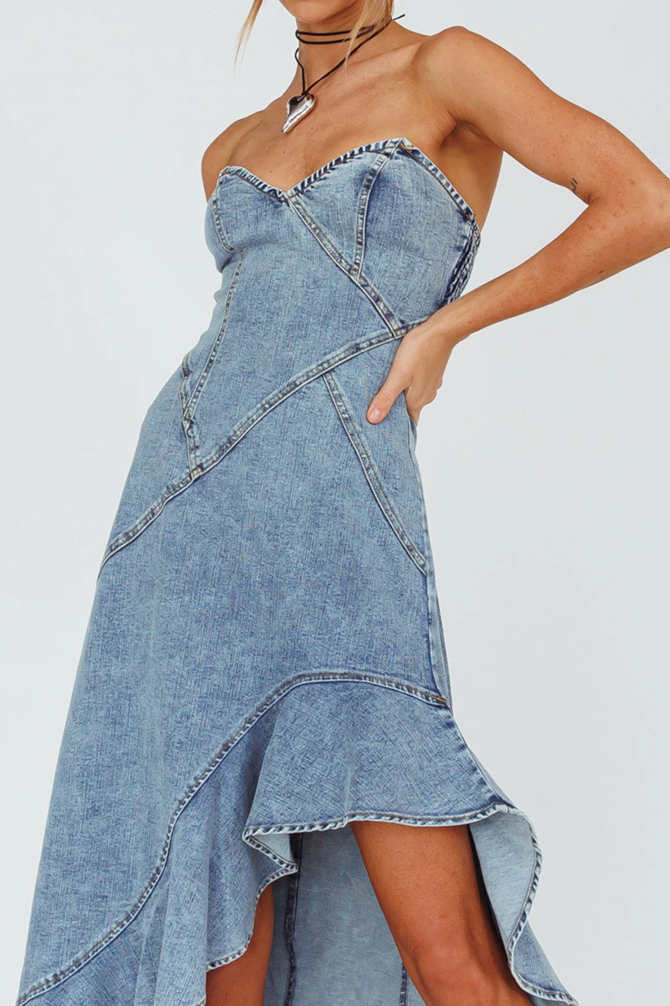 Moon Sweetheart Neckline Ruffle Midi Dress Denim - Image 4