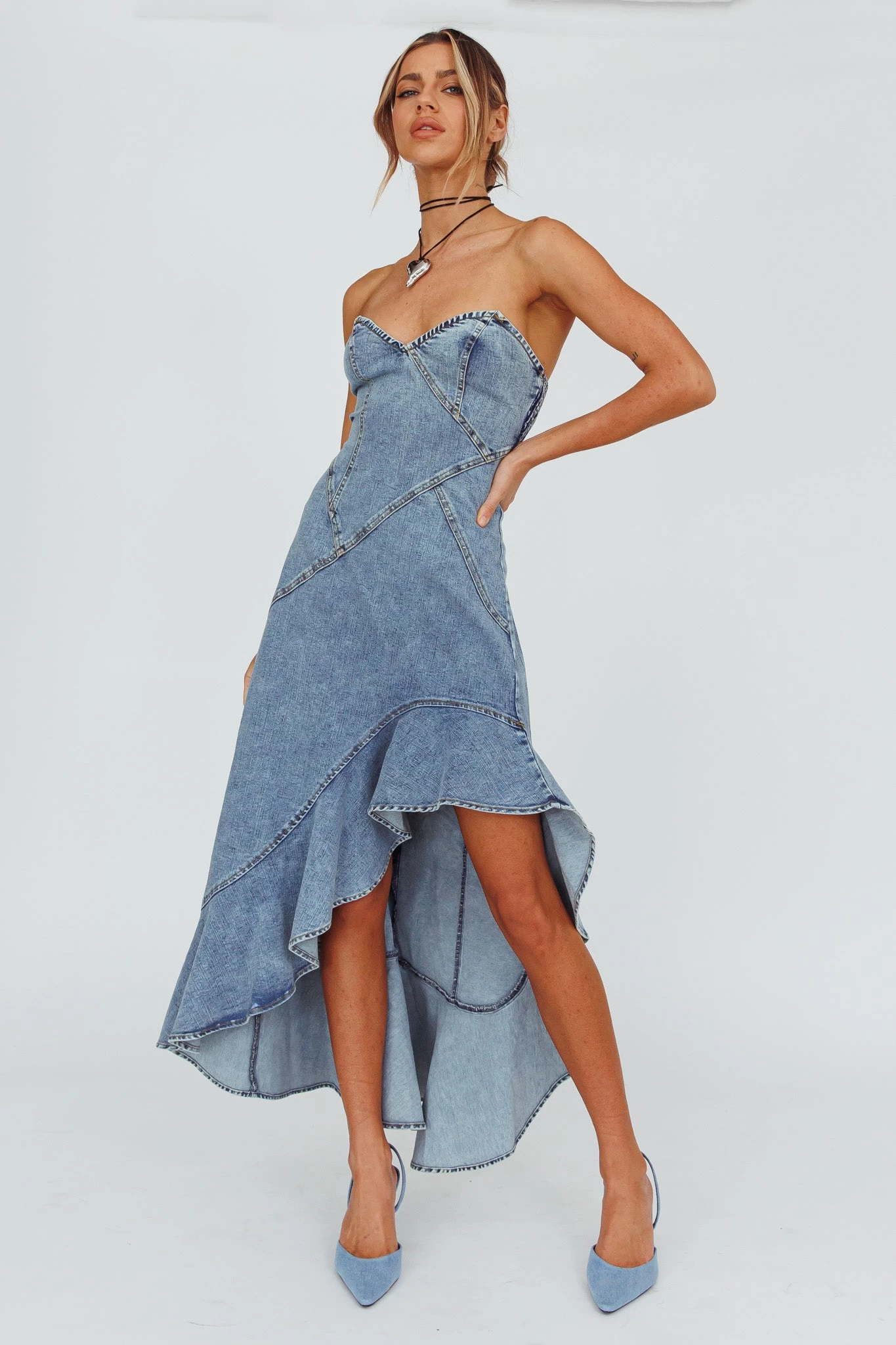Moon Sweetheart Neckline Ruffle Midi Dress Denim - Image 5