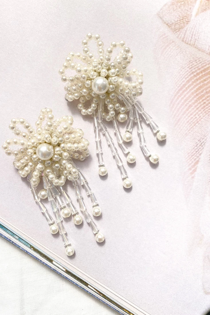 Winslet Pearl Bead Flower Earrings White - Image 2