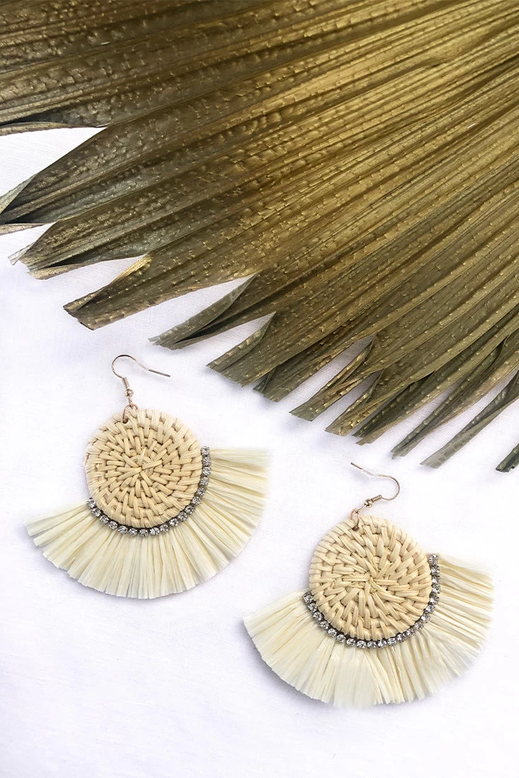 Kenya Diamante Accent Woven Straw Earrings Natural - Image 3