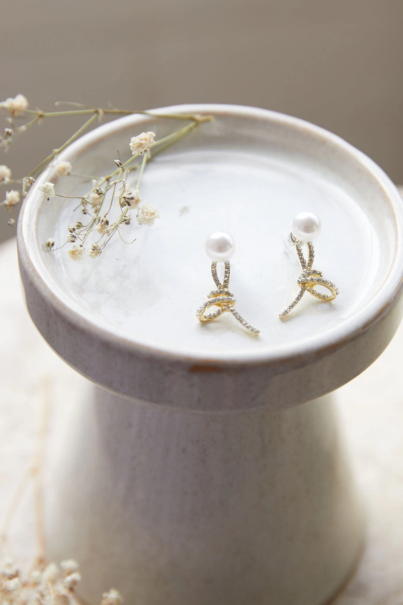 Carrie Crystal Knot Pearl Earrings Gold - Image 3