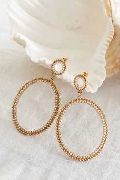 Lucienne Oval Drop Pearl Earrings Gold