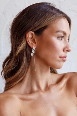 Zircon Leaves Tassel Drop Earrings Silver