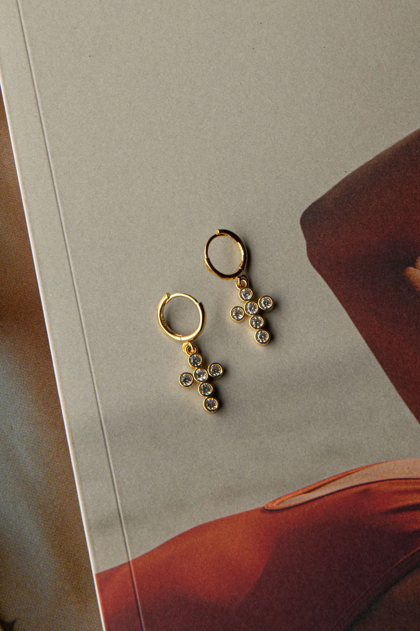 Santiago Cross Drop Diamante Hoop Earrings Gold - Image 3