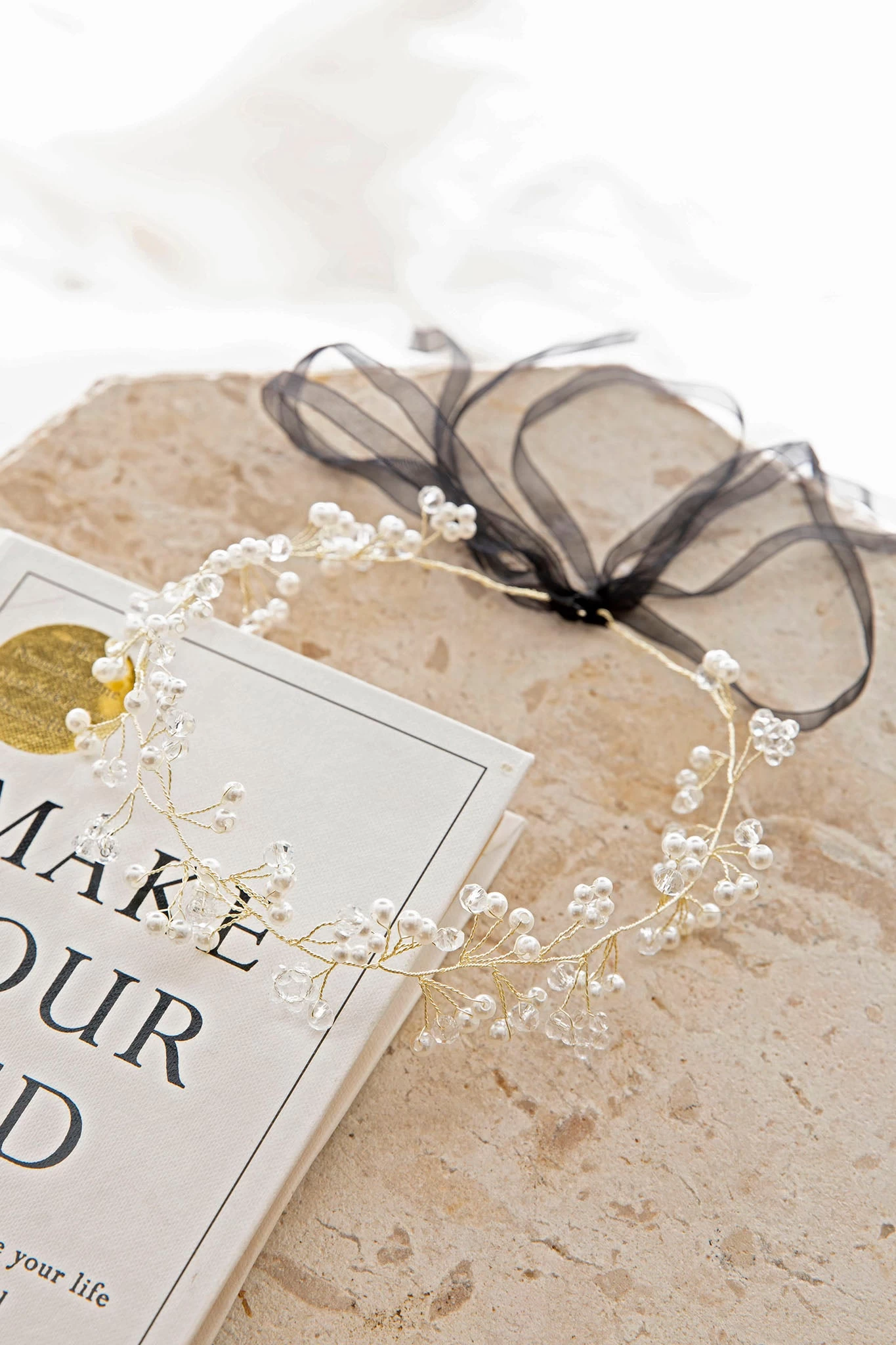 Enchanted Pearl & Crystal Wire Headband Gold - Image 3