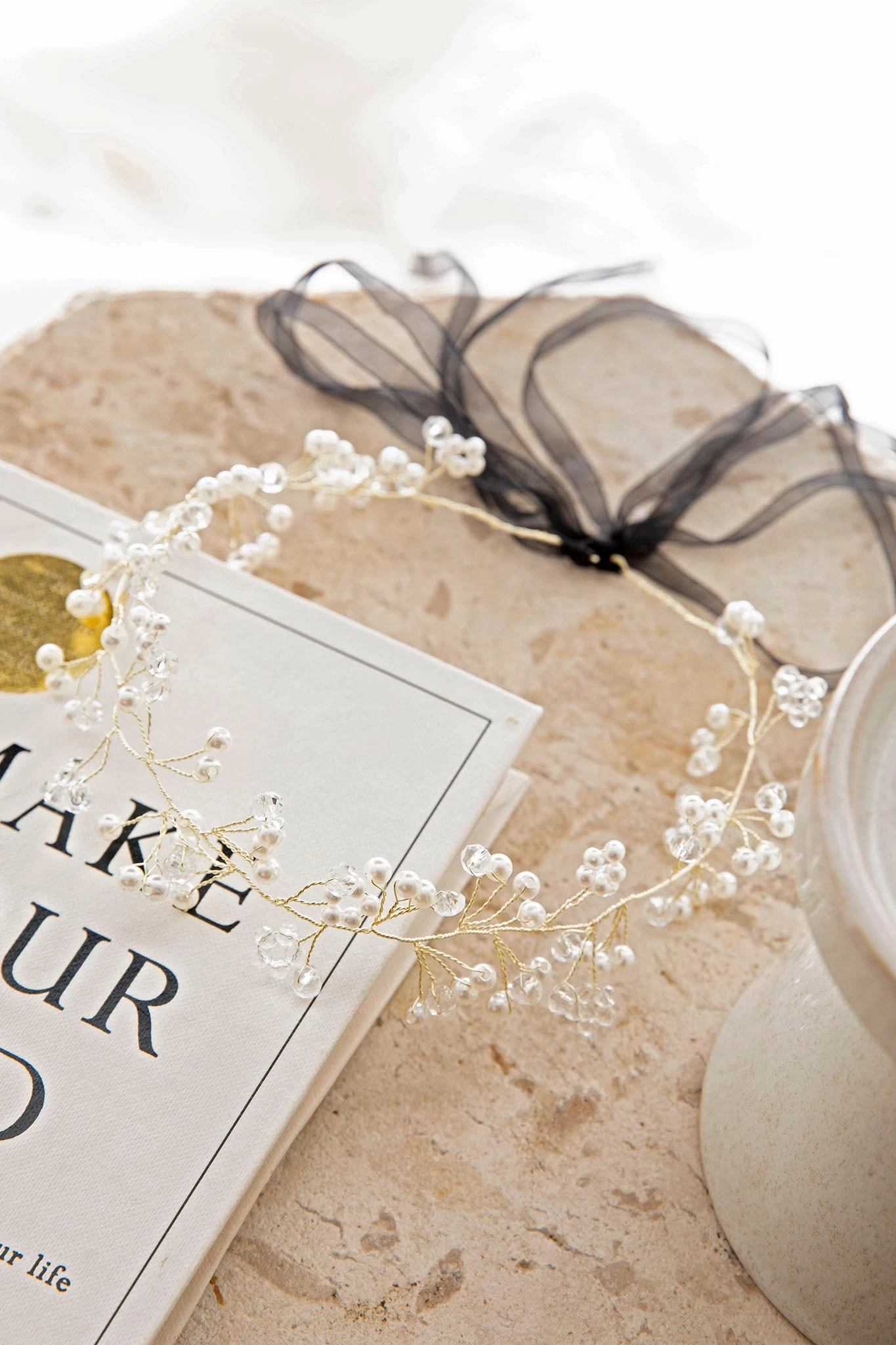 Enchanted Pearl & Crystal Wire Headband Gold - Image 4