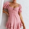 First Light Puff Sleeve Ruffle Dress Rose