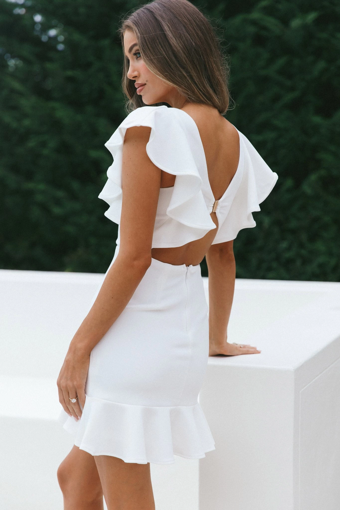 Cupid's Bow V-Neckline Ruffle Shoulder Bodycon Dress White - Image 3