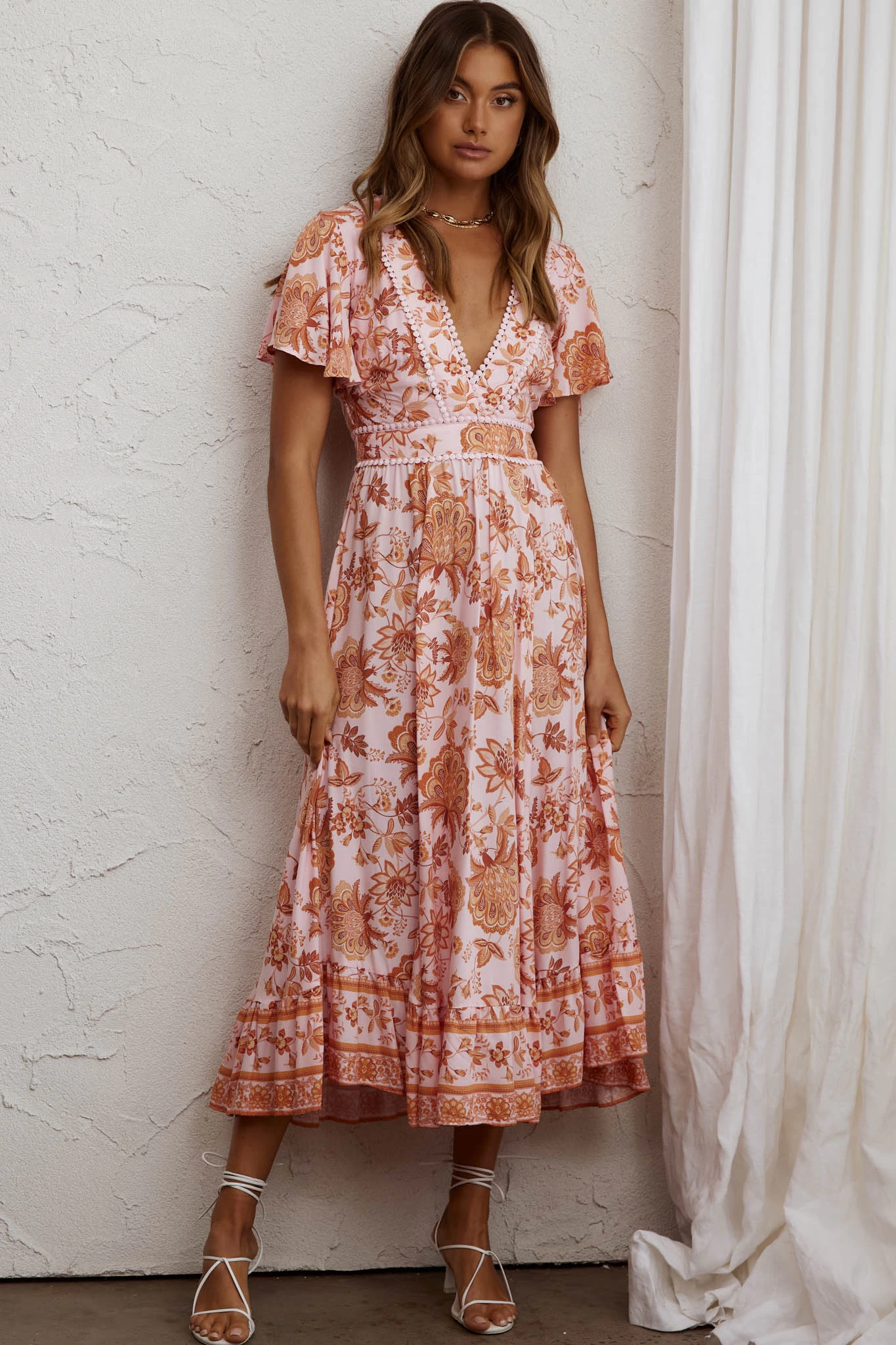 Kailee Short Sleeve Midi Dress Pink/Orange - Image 3