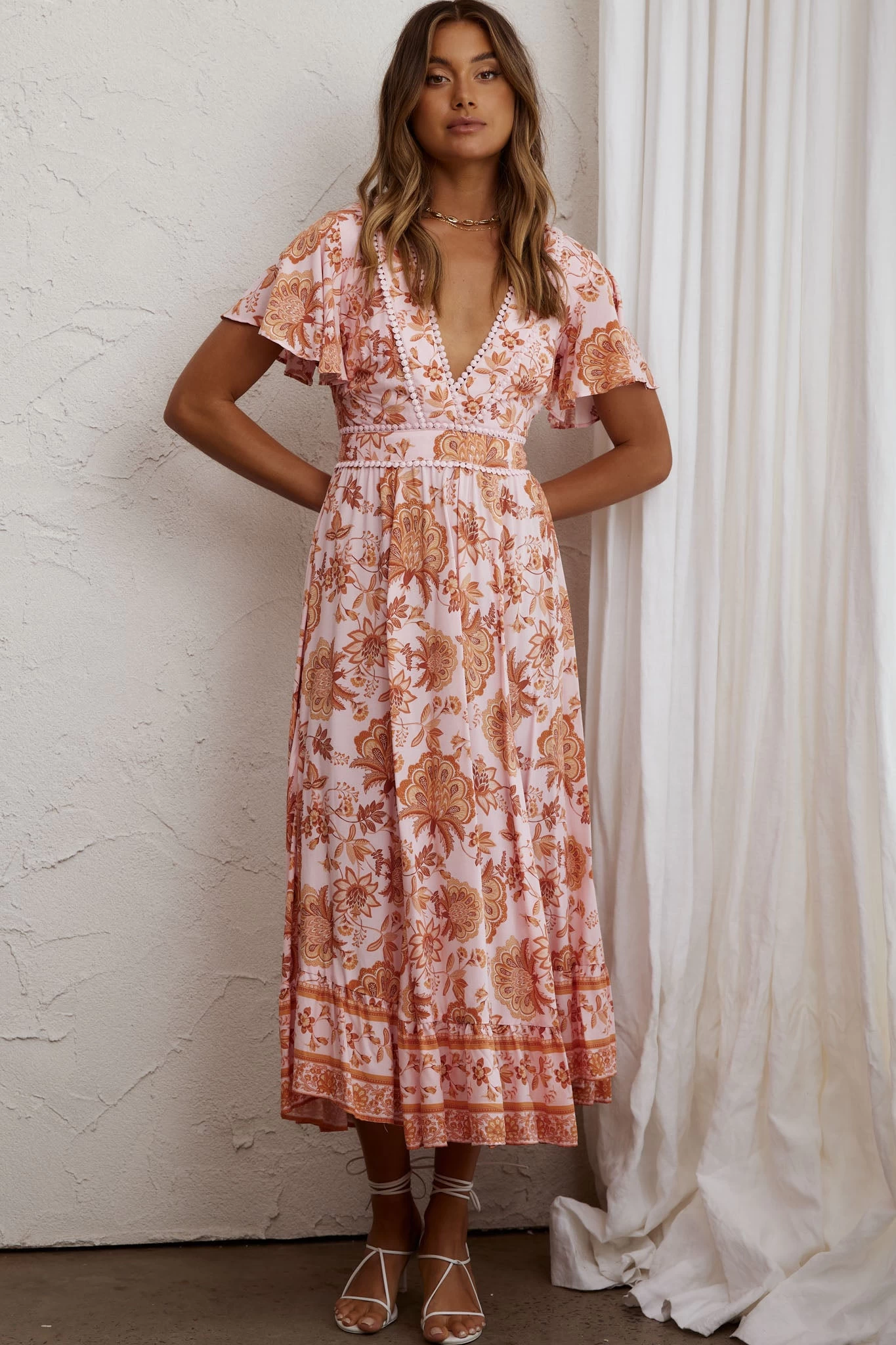 Kailee Short Sleeve Midi Dress Pink/Orange - Image 8