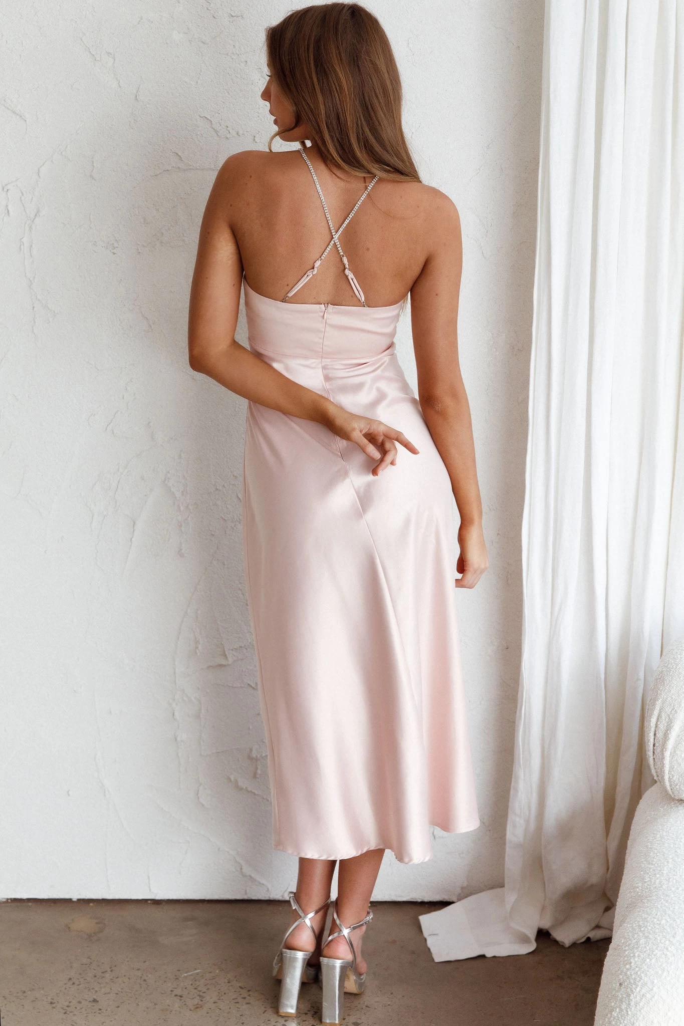 Venetia Diamante Strap Midi Dress Blush - Image 2