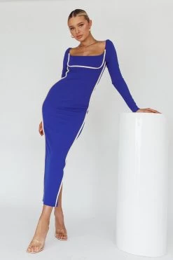 Sunny Coast Long Sleeve Piping Maxi Dress Blue