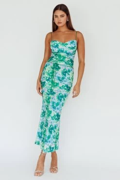 Teava Laced Waist Midi Dress Floral Green