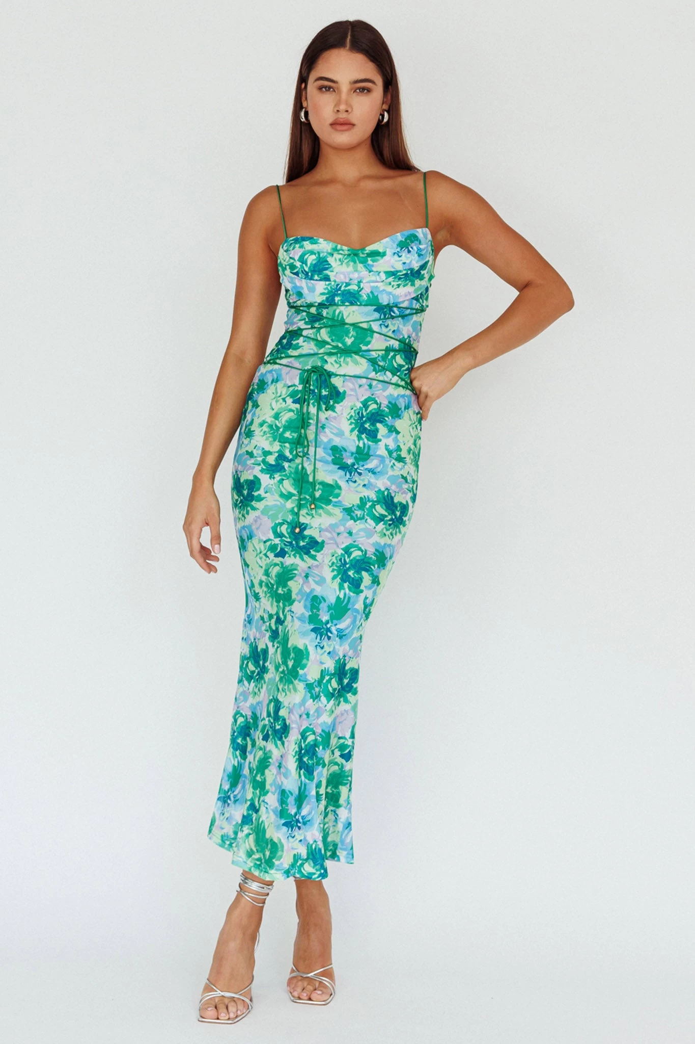 Teava Laced Waist Midi Dress Floral Green - Image 3