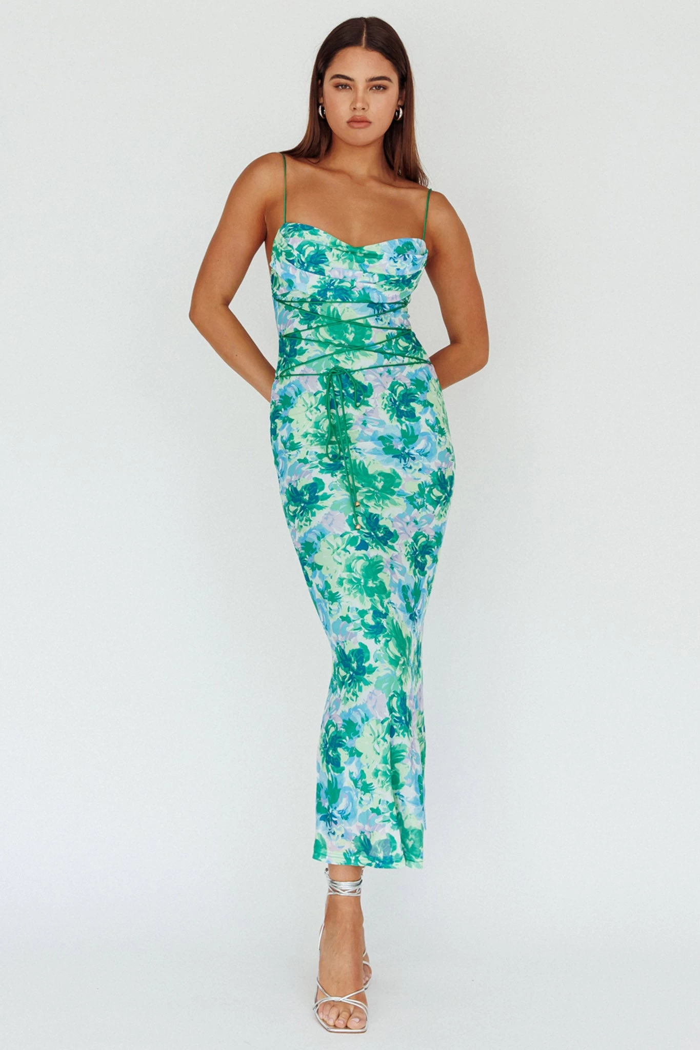 Teava Laced Waist Midi Dress Floral Green - Image 5