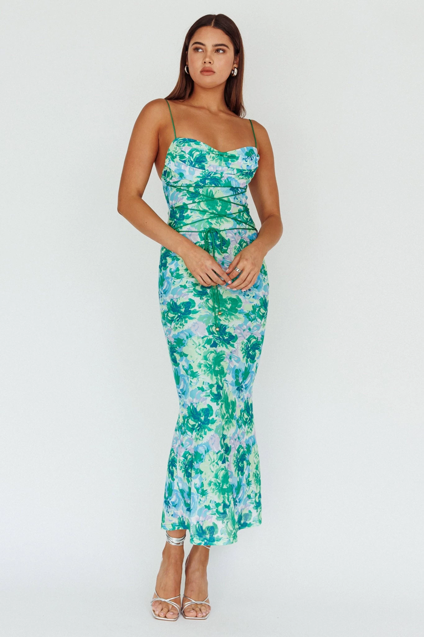 Teava Laced Waist Midi Dress Floral Green - Image 6