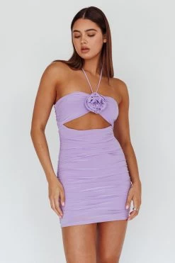 Ca Va Ruched Rose Accent Mini Dress Lavender