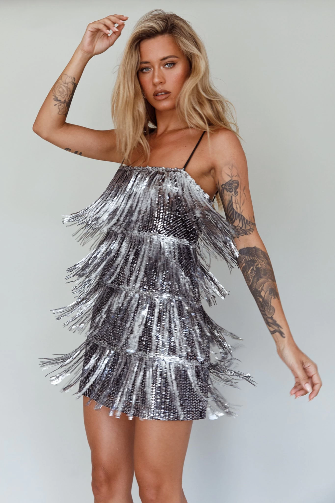 New York Nights Sequin Fringe Mini Dress Black - Image 6