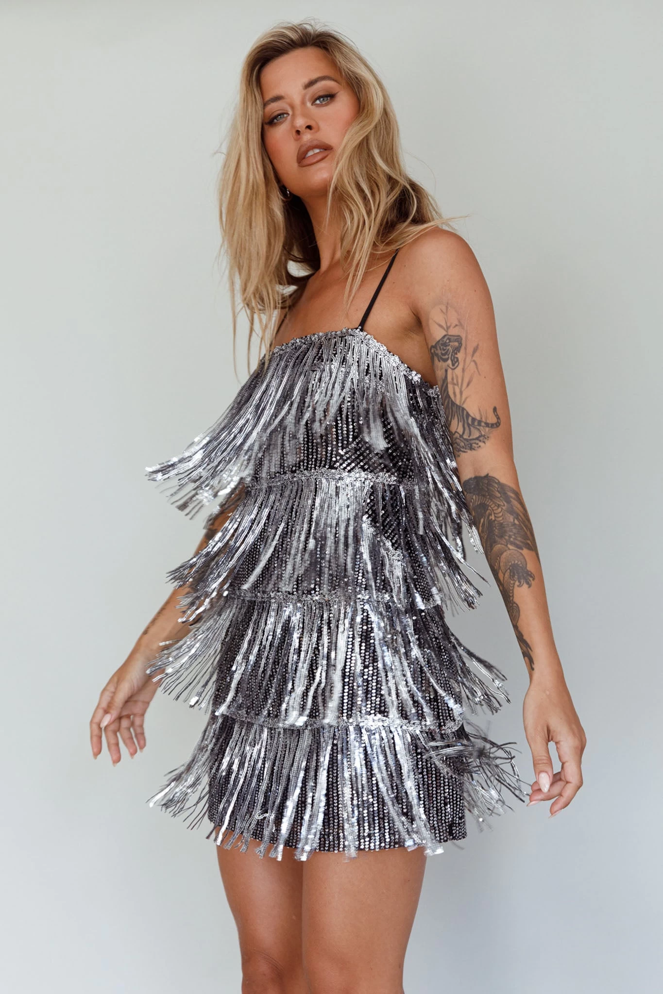 New York Nights Sequin Fringe Mini Dress Black - Image 9