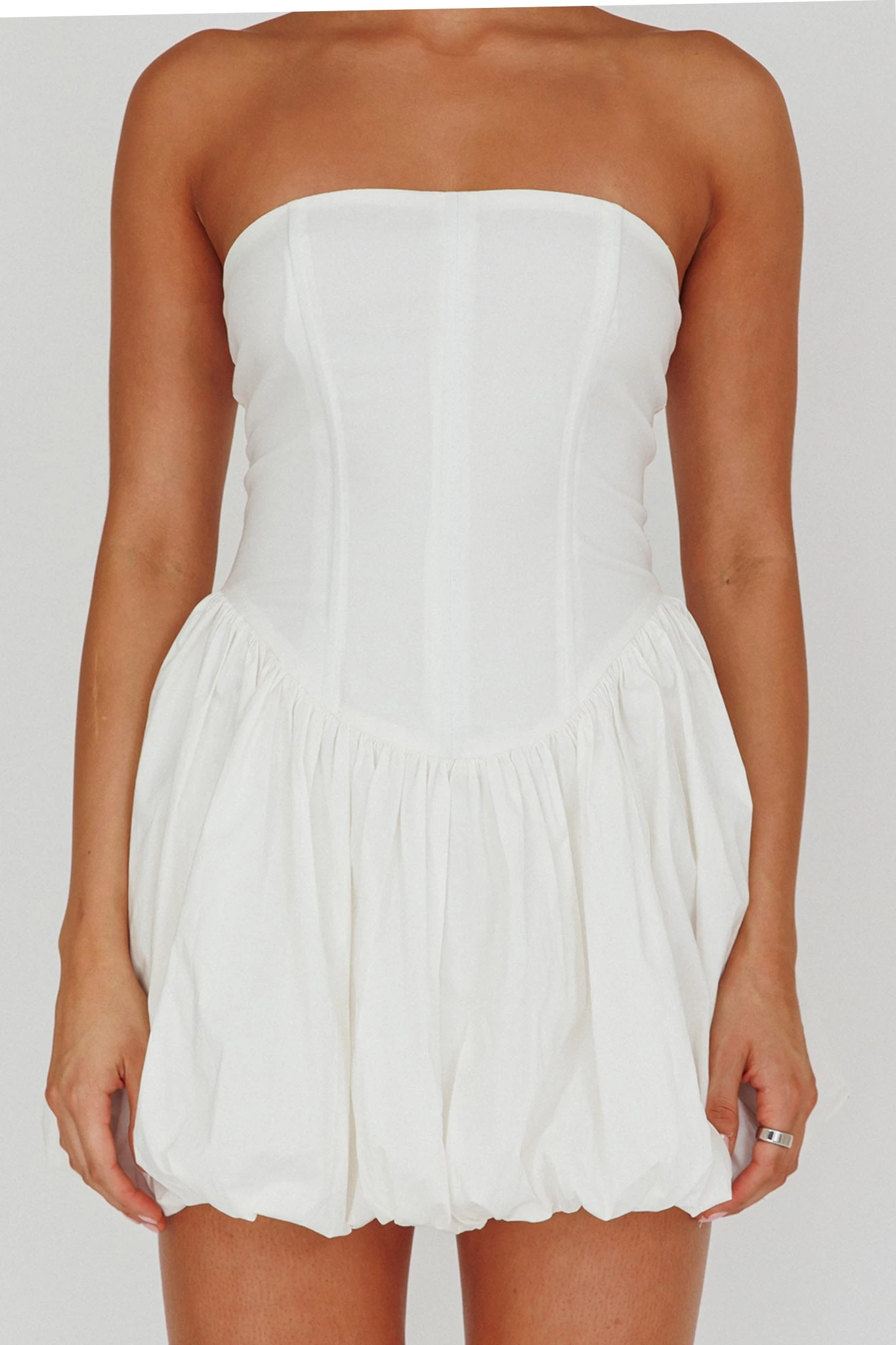 Monti Strapless Bubble Hem Mini Dress White - Image 4