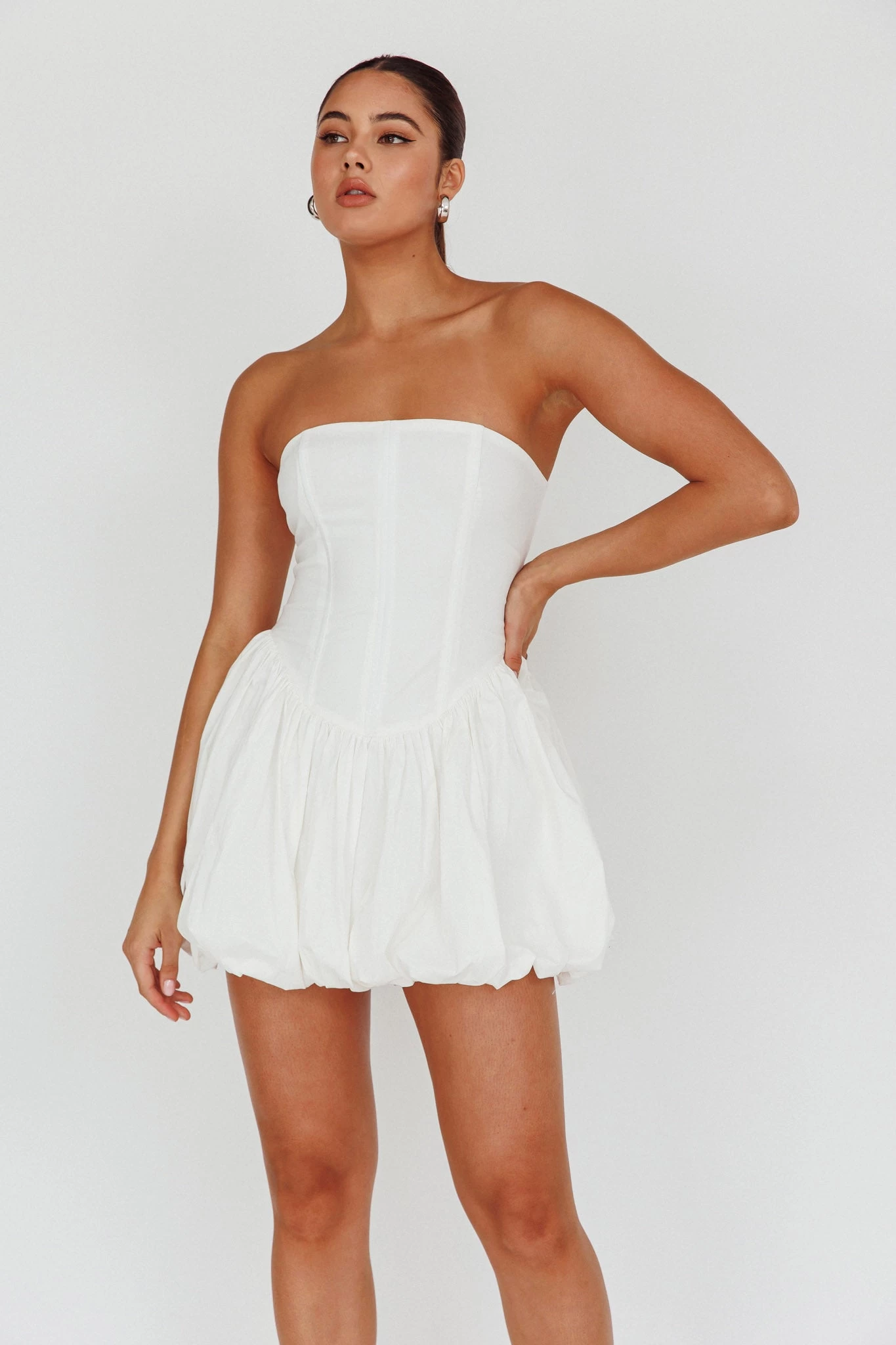 Monti Strapless Bubble Hem Mini Dress White - Image 5