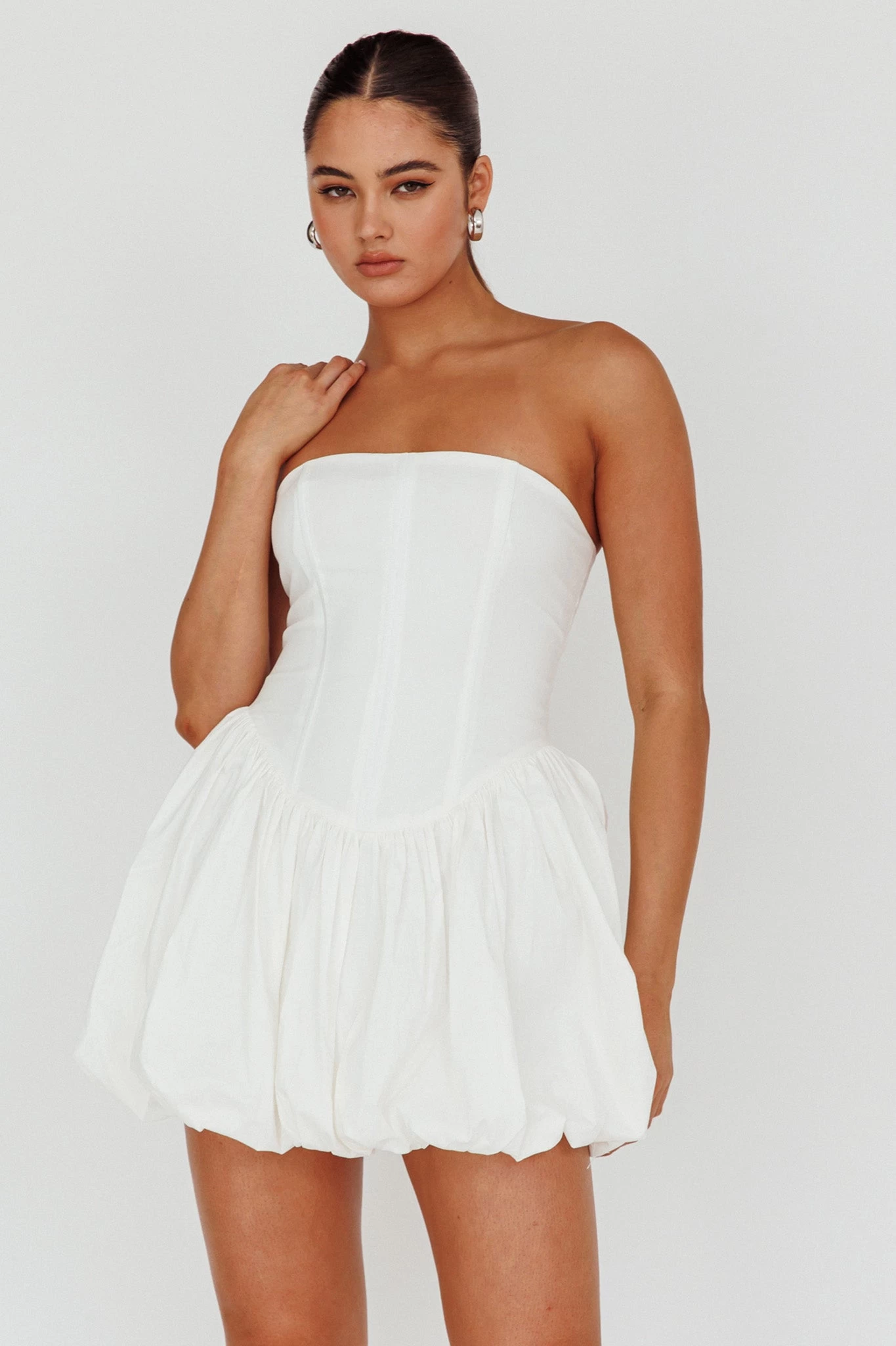 Monti Strapless Bubble Hem Mini Dress White - Image 6