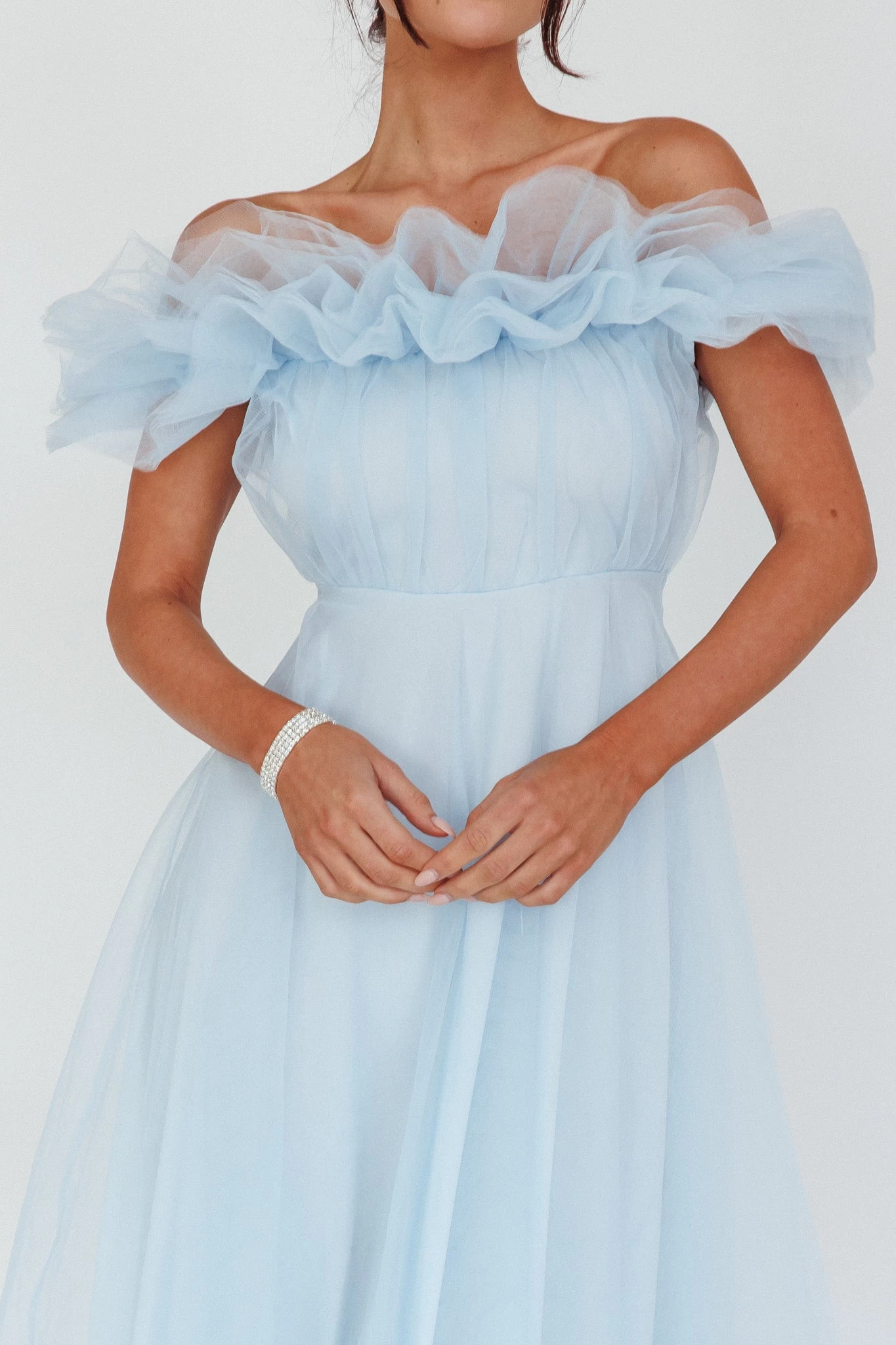 May Rose Off-Shoulder Tulle Midi Dress Light Blue - Image 4
