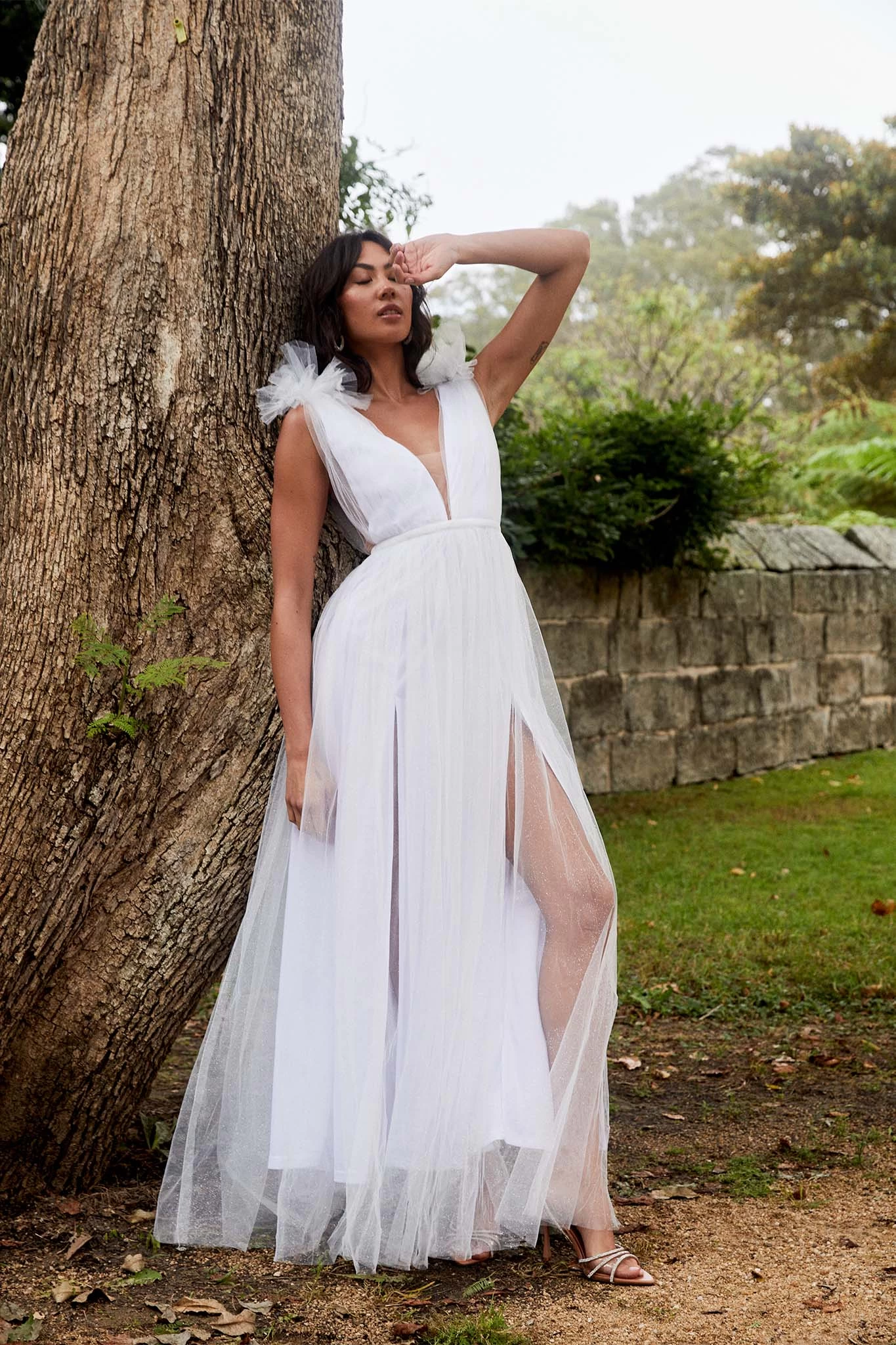 Ludivine Shoulder Accent Mesh Midi Dress Glitter White - Image 3