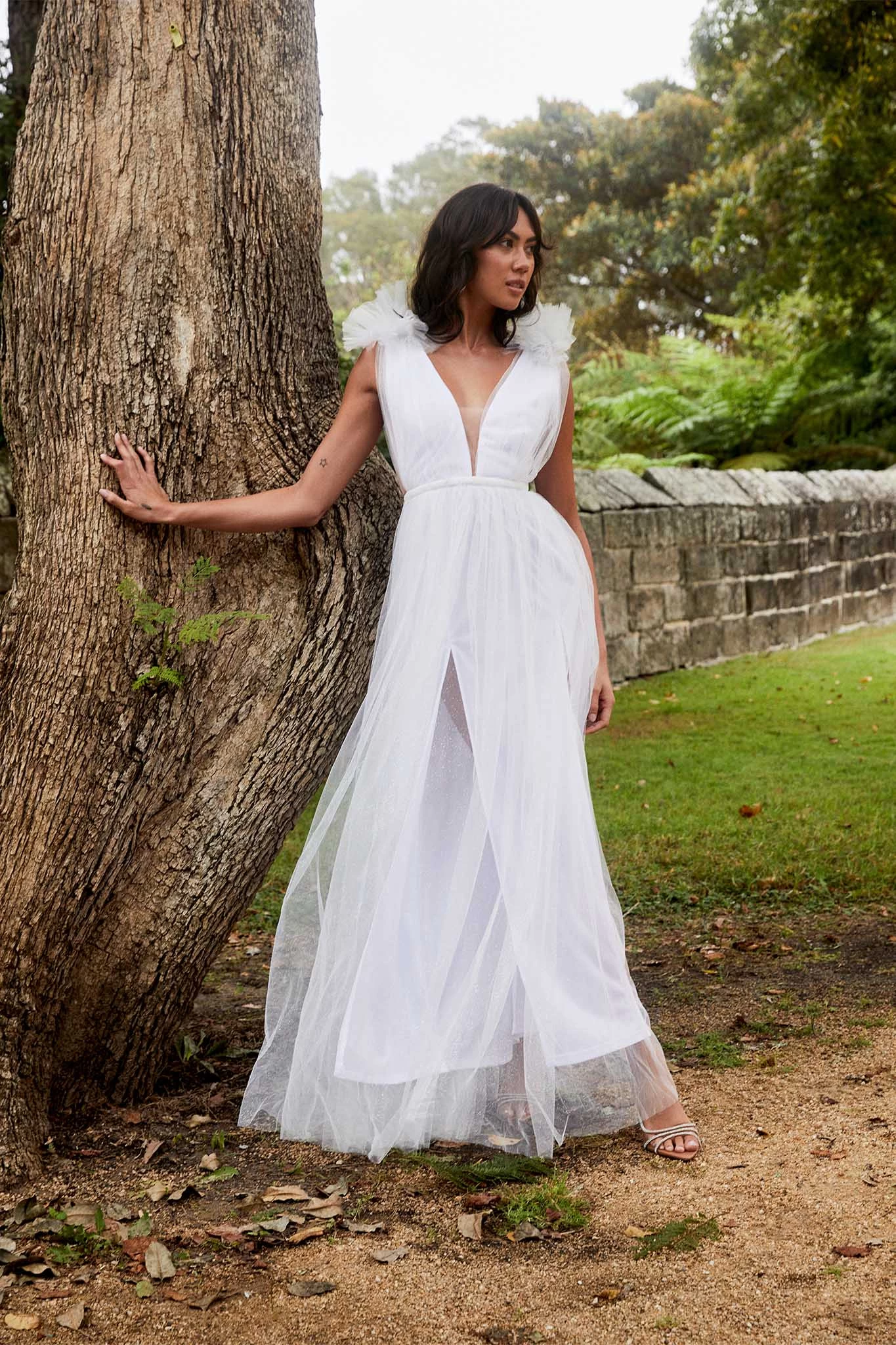 Ludivine Shoulder Accent Mesh Midi Dress Glitter White - Image 6