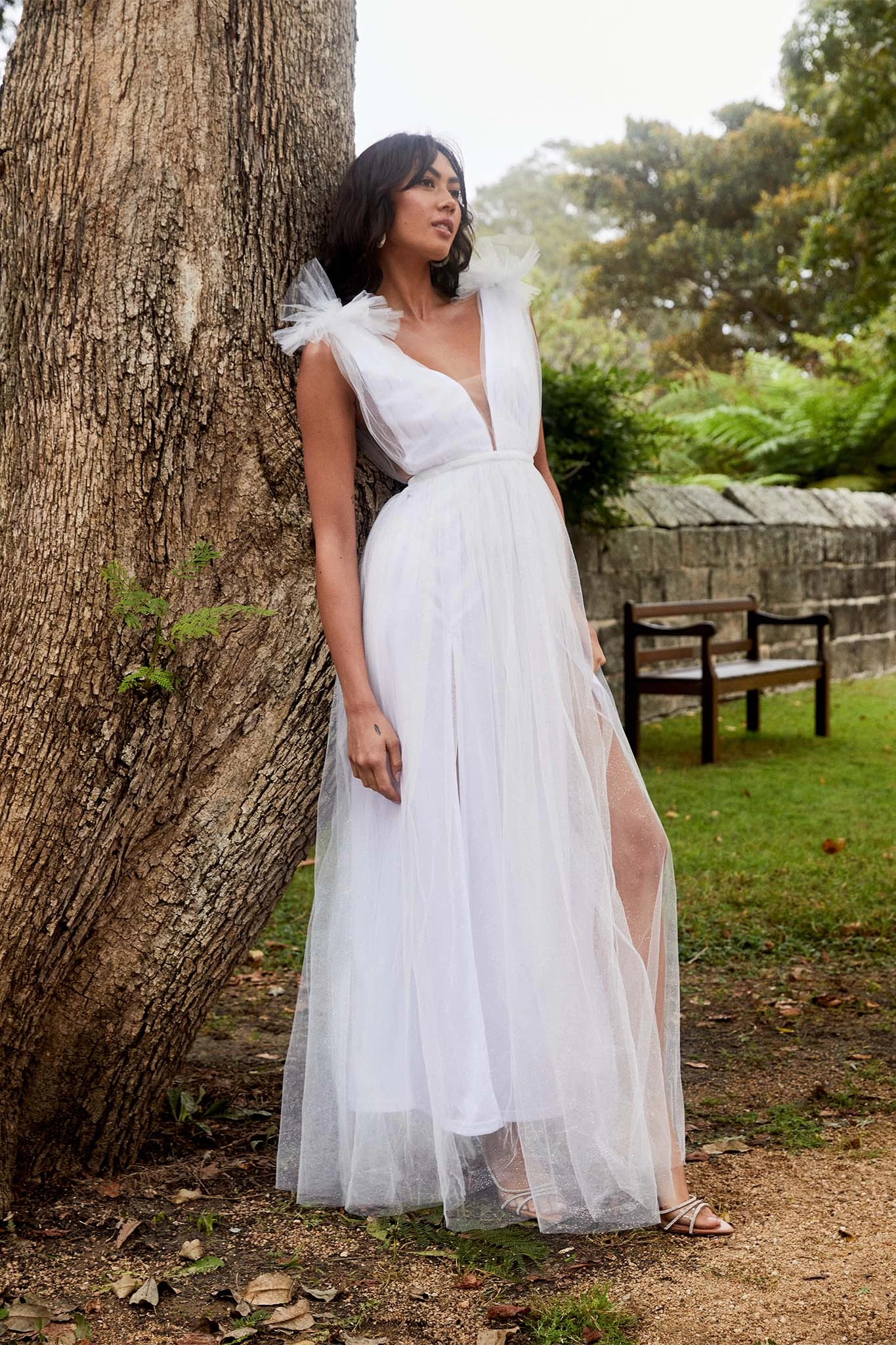 Ludivine Shoulder Accent Mesh Midi Dress Glitter White - Image 9