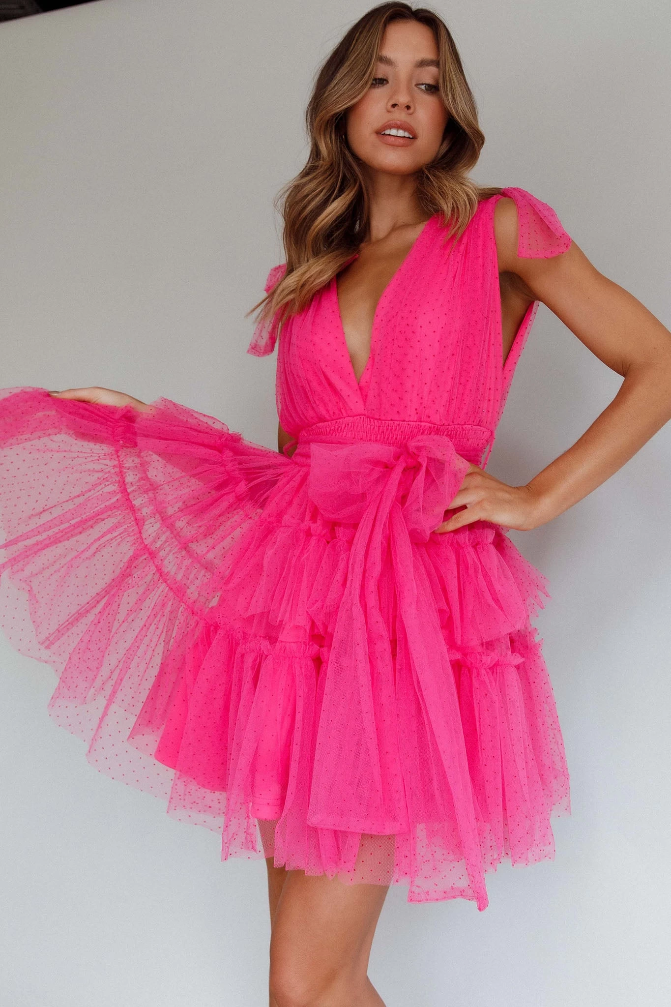 Lyra Spotted Tulle Mini Dress Hot Pink - Image 6