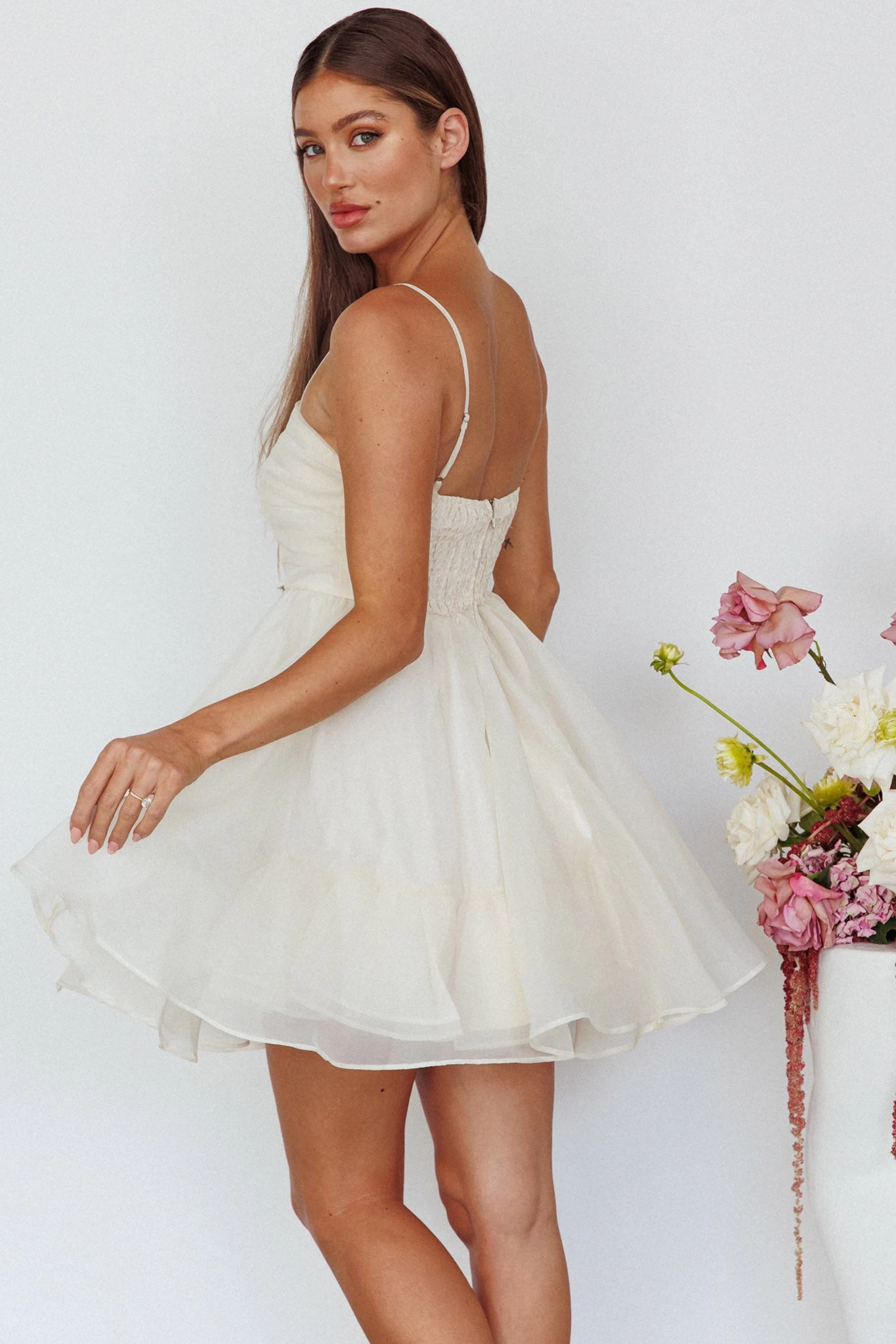 Elyse Pleated Bodice Party Dress Cream - Image 3