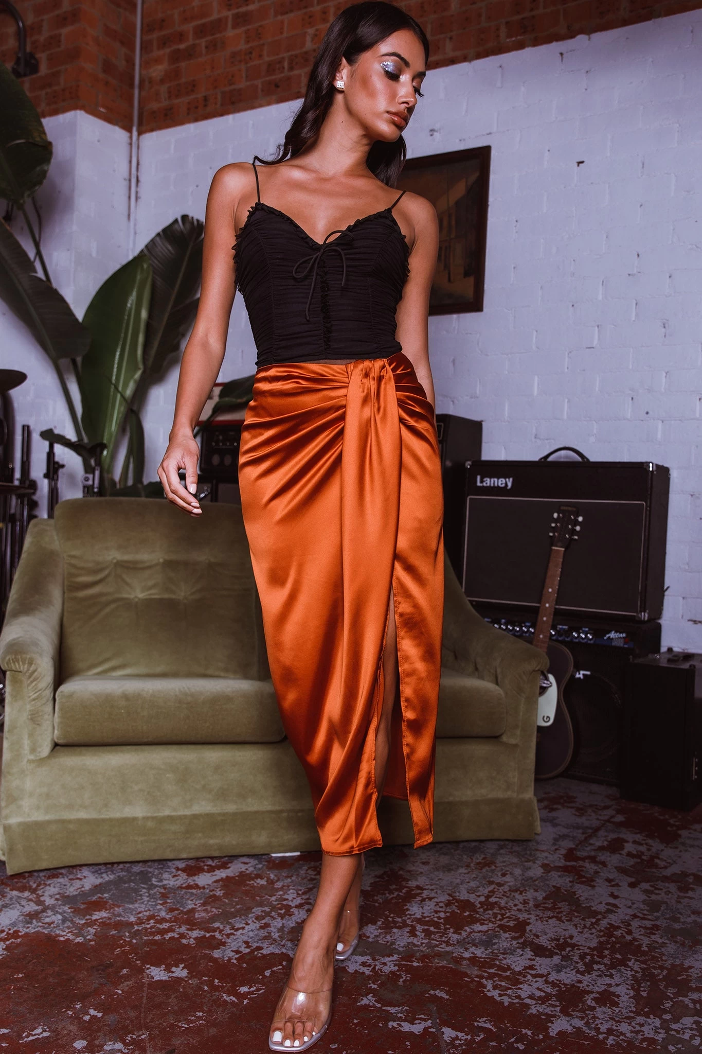 On The Money Gathered Midi Skirt Camel - Image 3