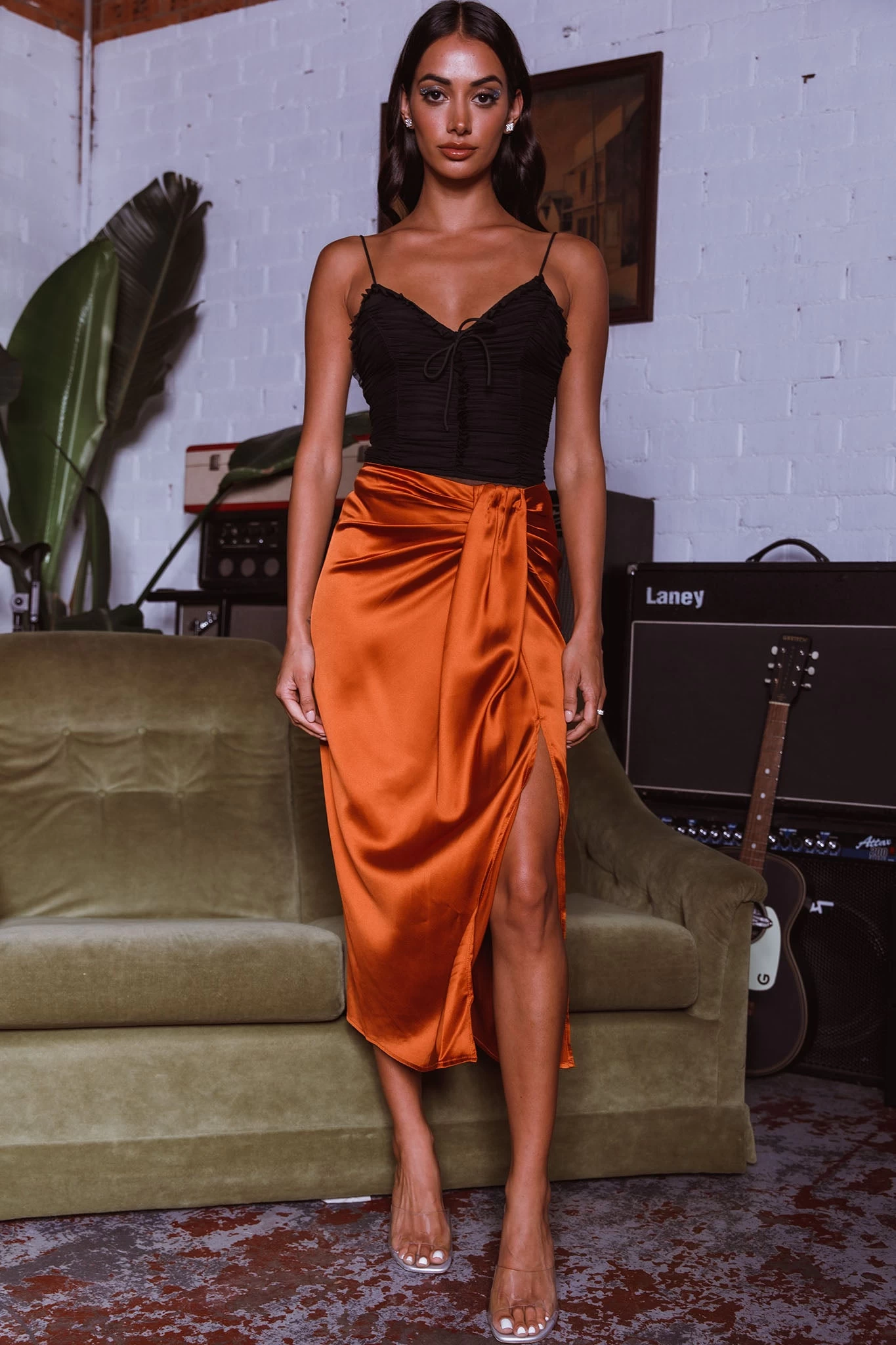 On The Money Gathered Midi Skirt Camel - Image 7