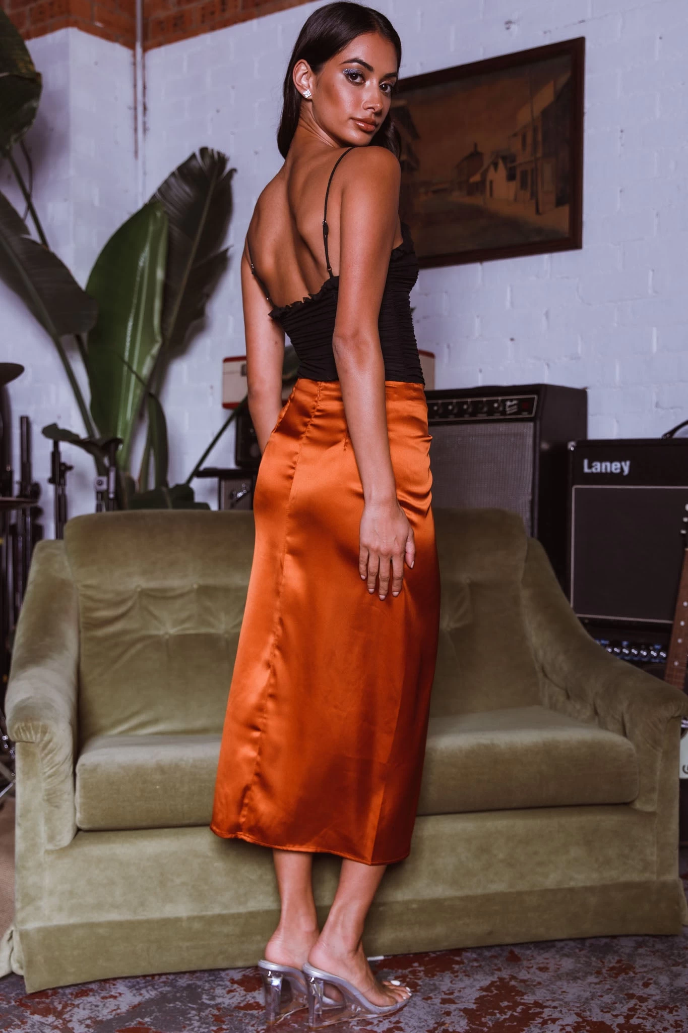 On The Money Gathered Midi Skirt Camel - Image 8