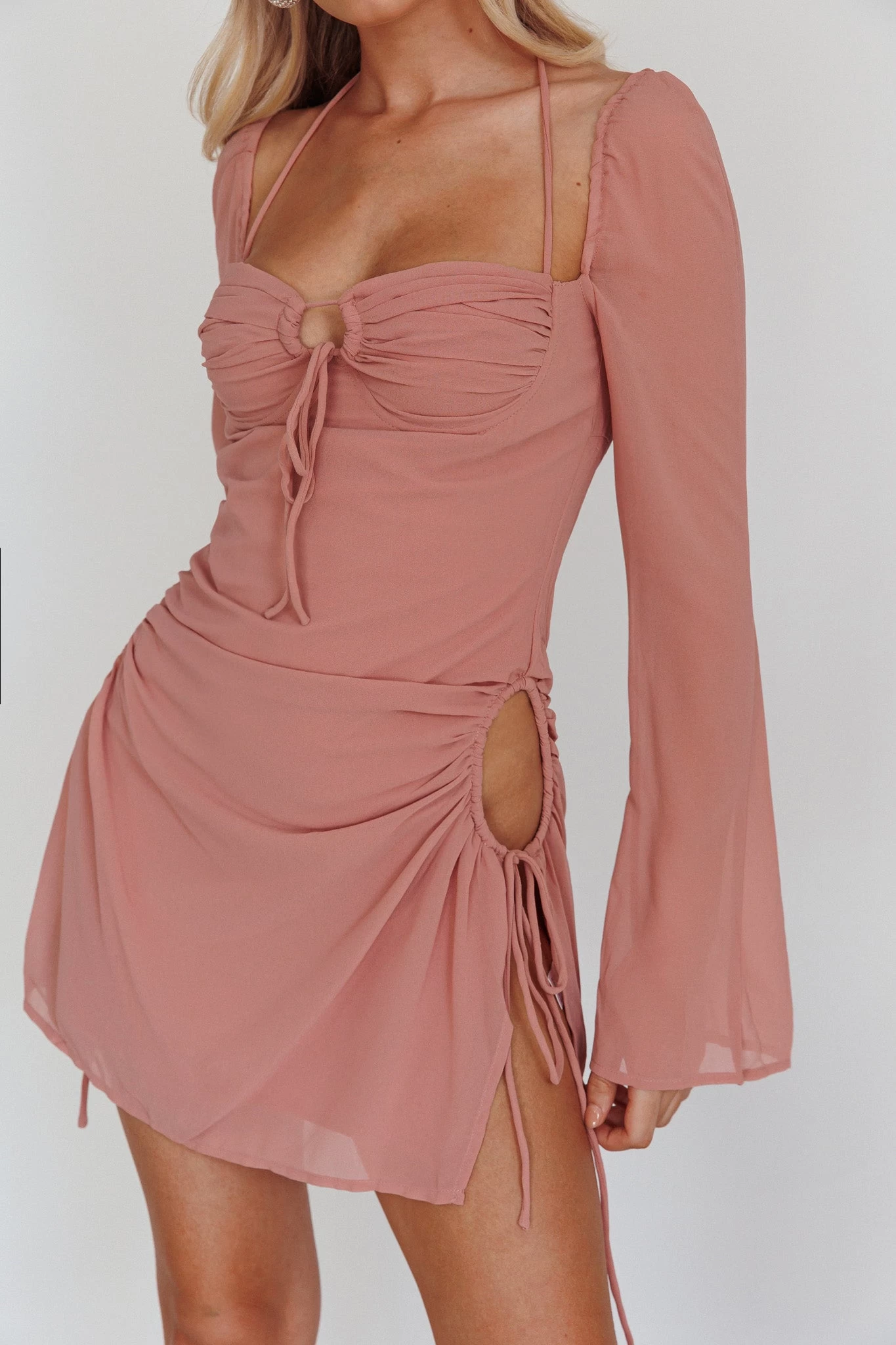 Etta Drawstring Long Sleeve Mini Dress Blush - Image 4