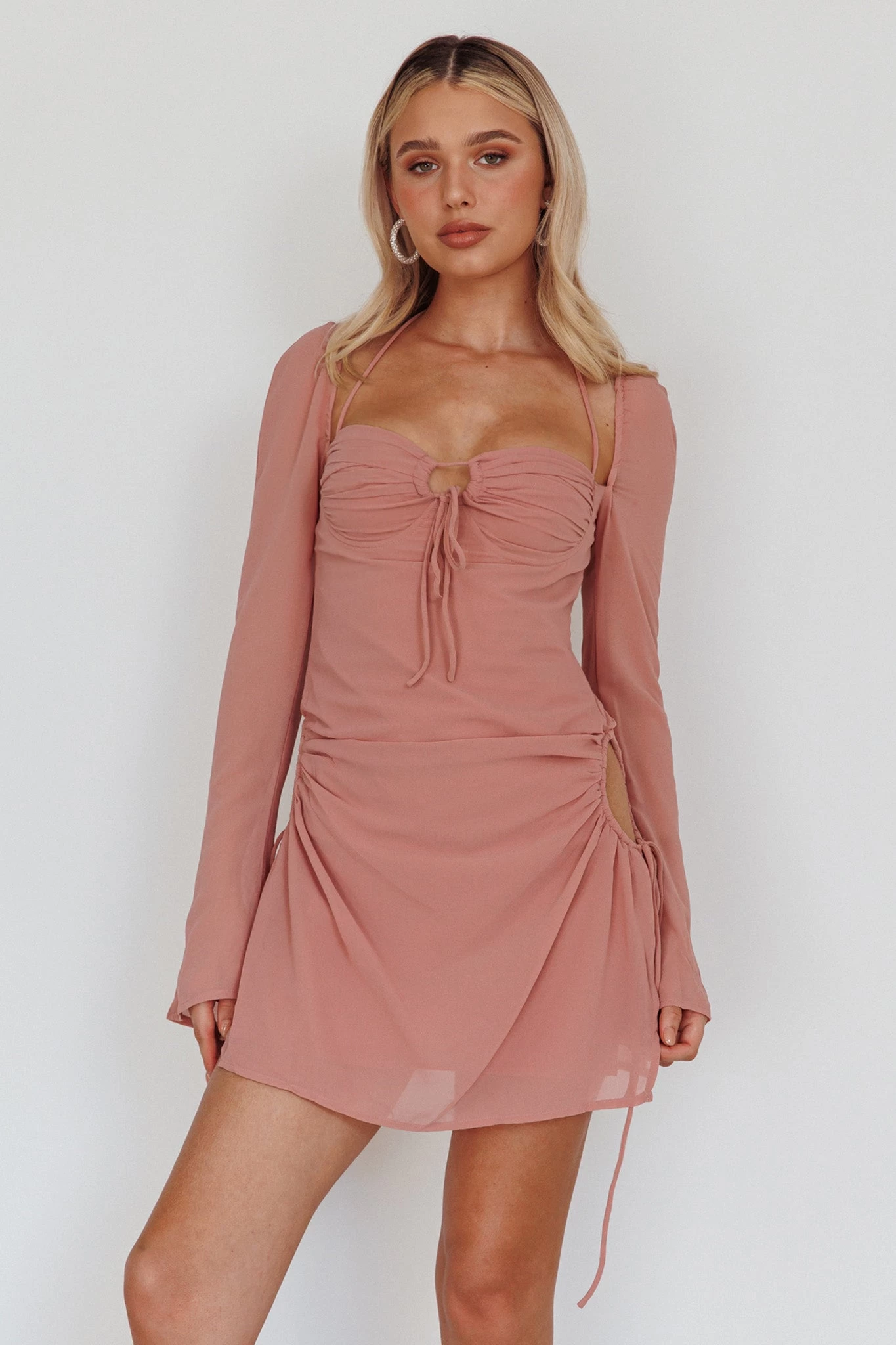 Etta Drawstring Long Sleeve Mini Dress Blush - Image 5