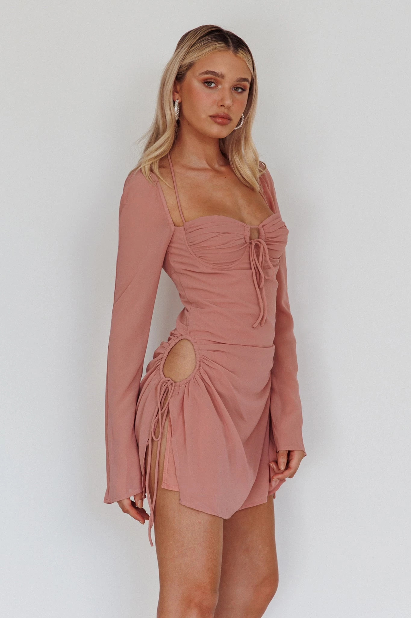 Etta Drawstring Long Sleeve Mini Dress Blush - Image 8