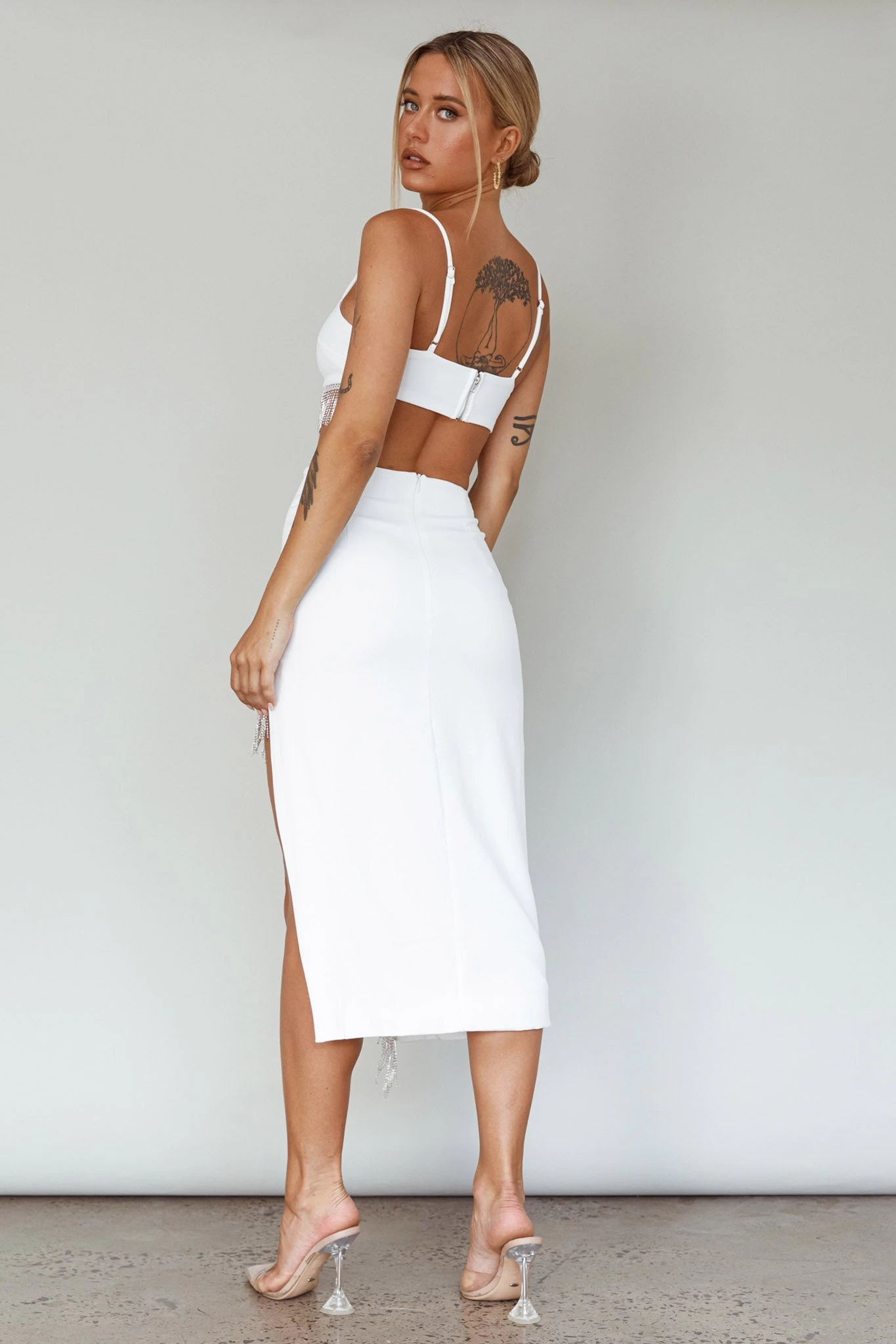 Attention Seeker Diamante Trim Midi Skirt Off White - Image 2