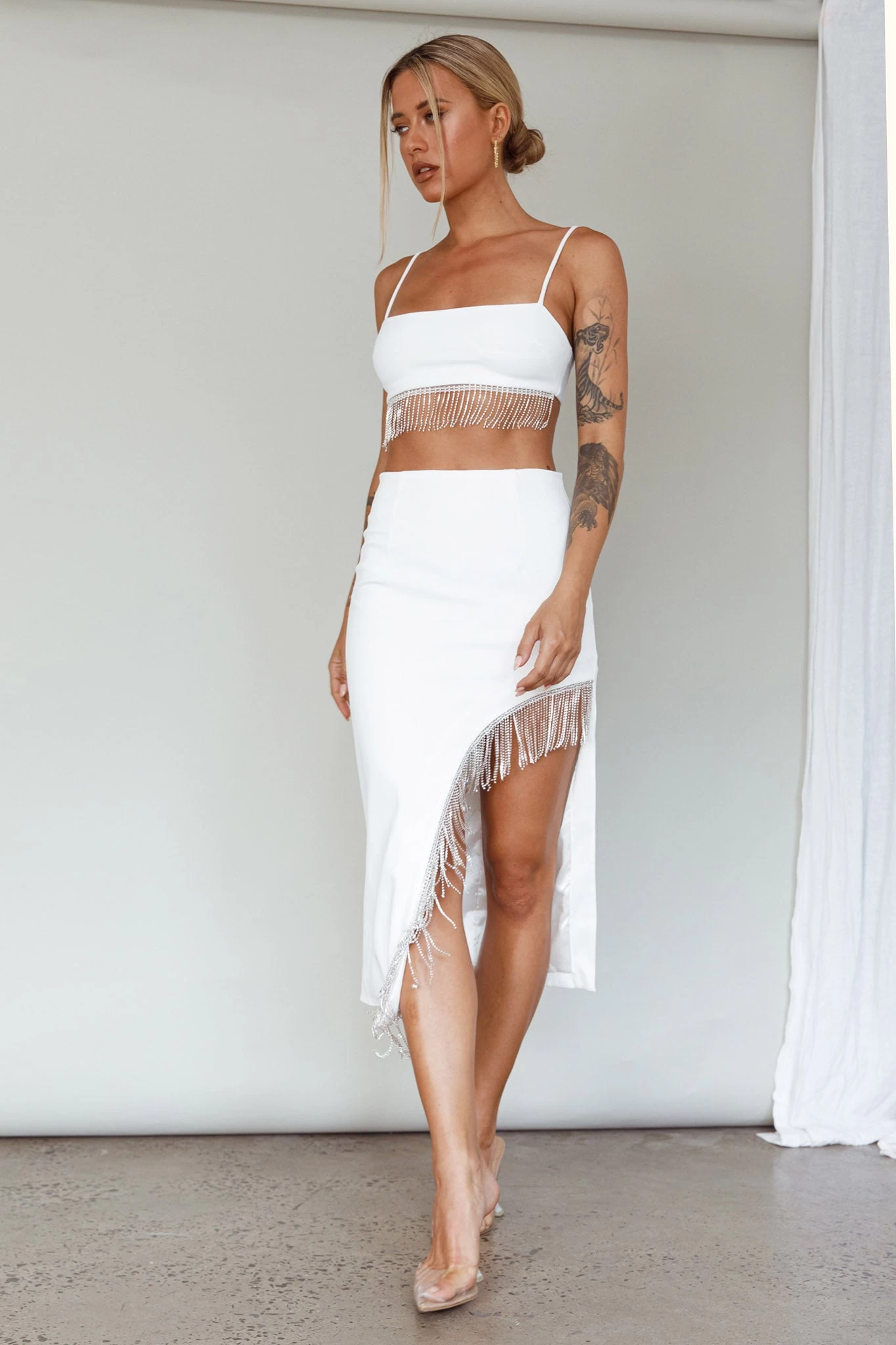 Attention Seeker Diamante Trim Midi Skirt Off White - Image 5