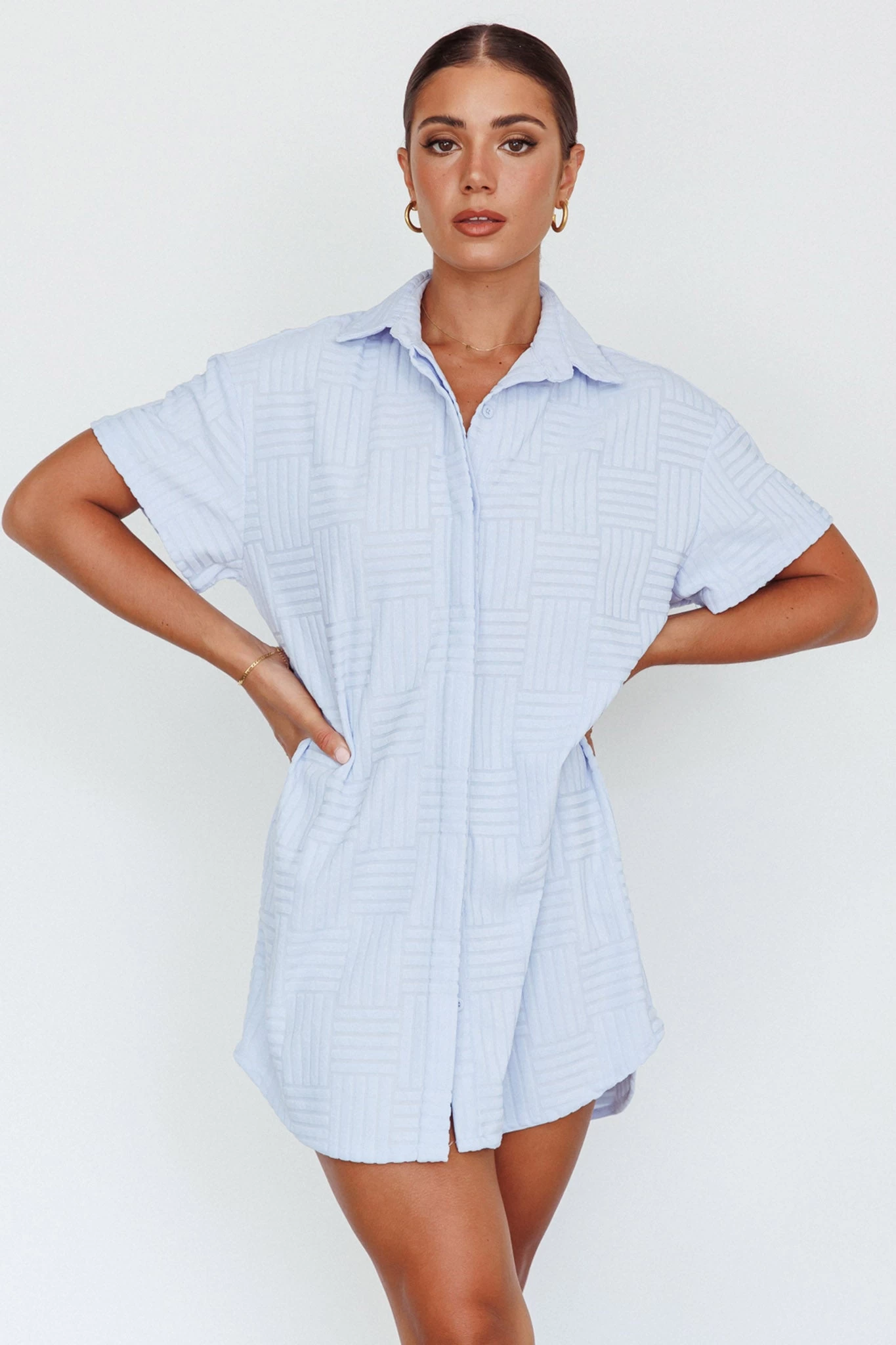 Sun Time Textured Shirt Dress Blue - Image 3
